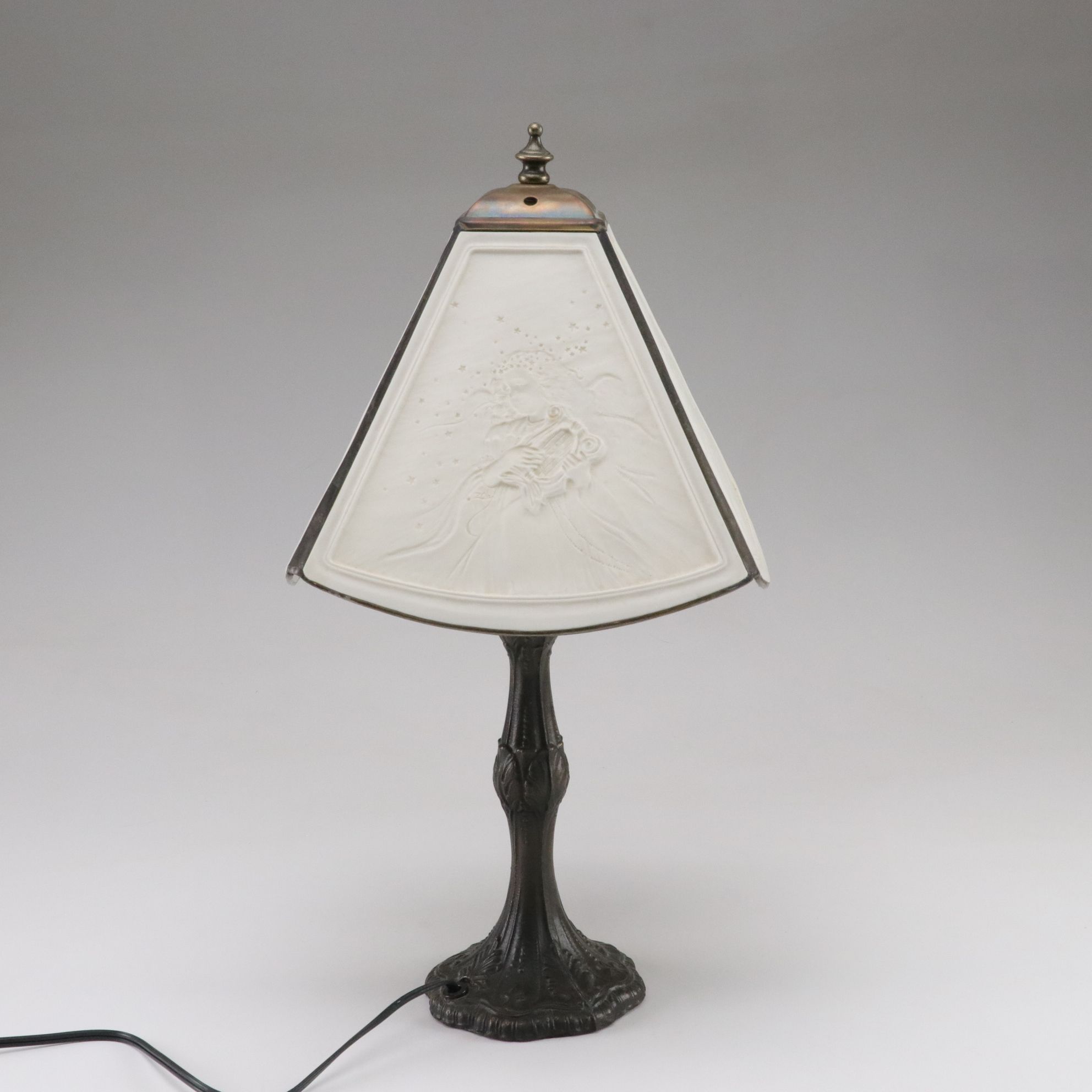 Art Nouveau Style Metal Table Lamp With Zolan Fine Arts Textured Optic Shade
