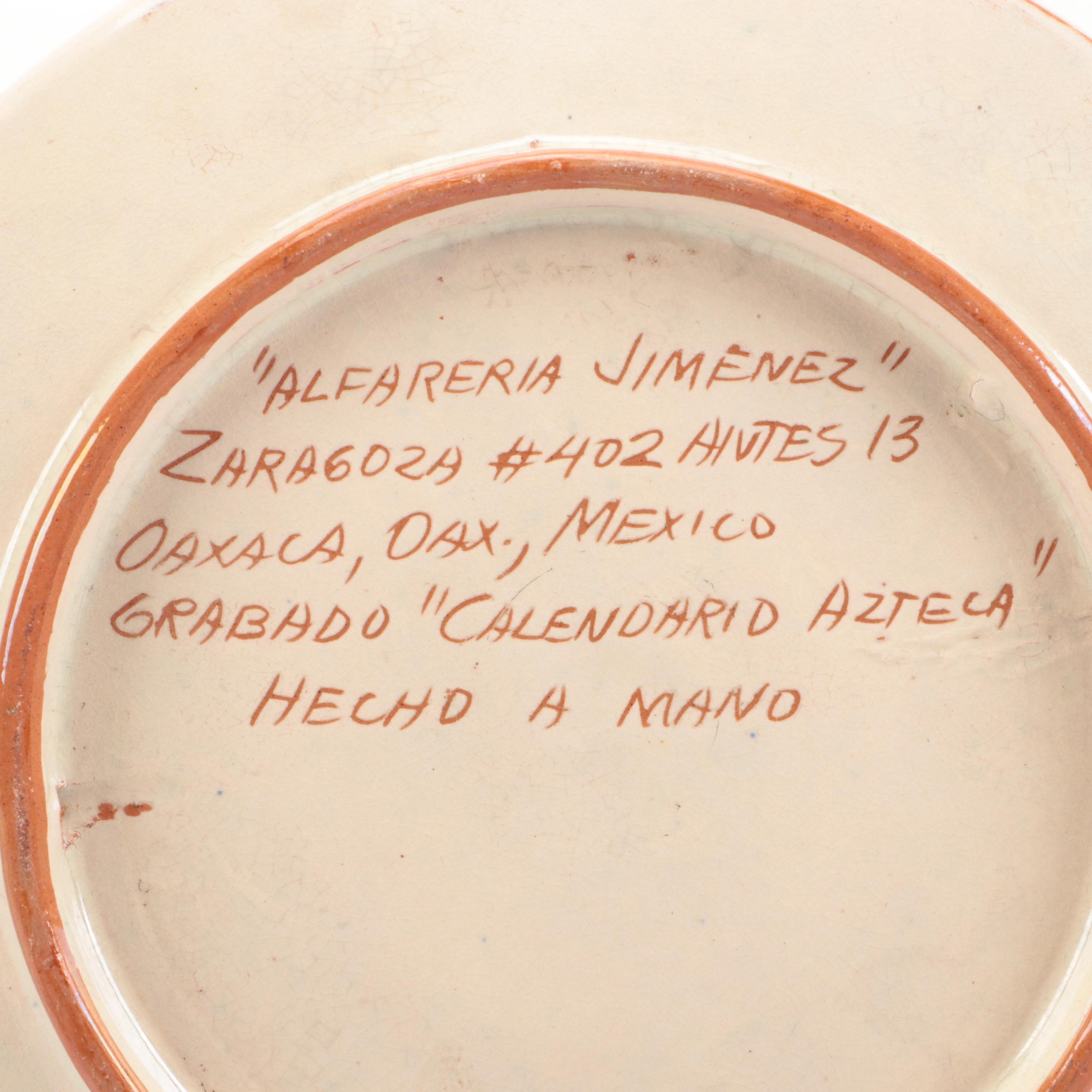 Alfareia Jimenez Pottery Aztec Calendar Charger with Wedding Vase and Pitcher