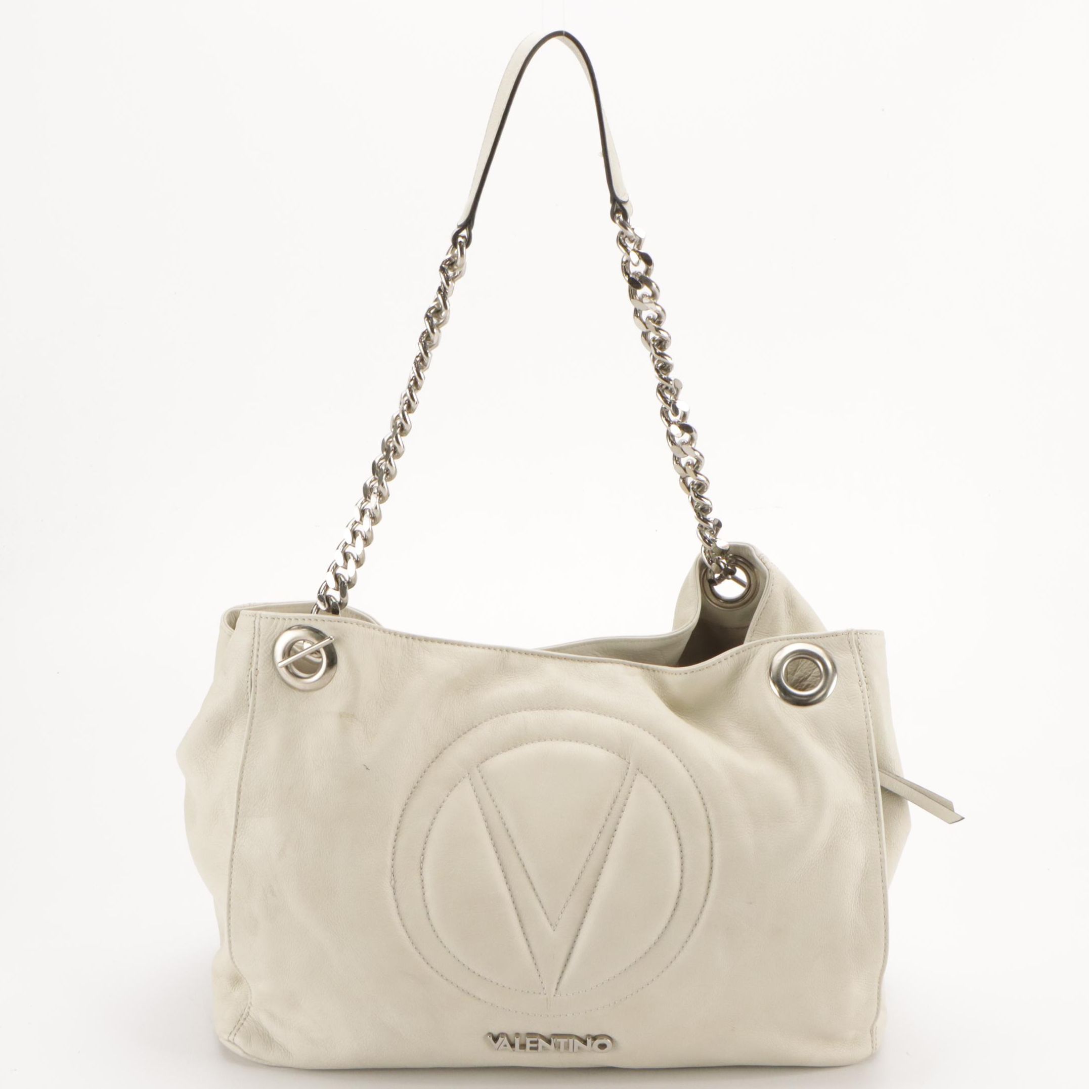 Valentino Large "V" Tote in White Grained Leather