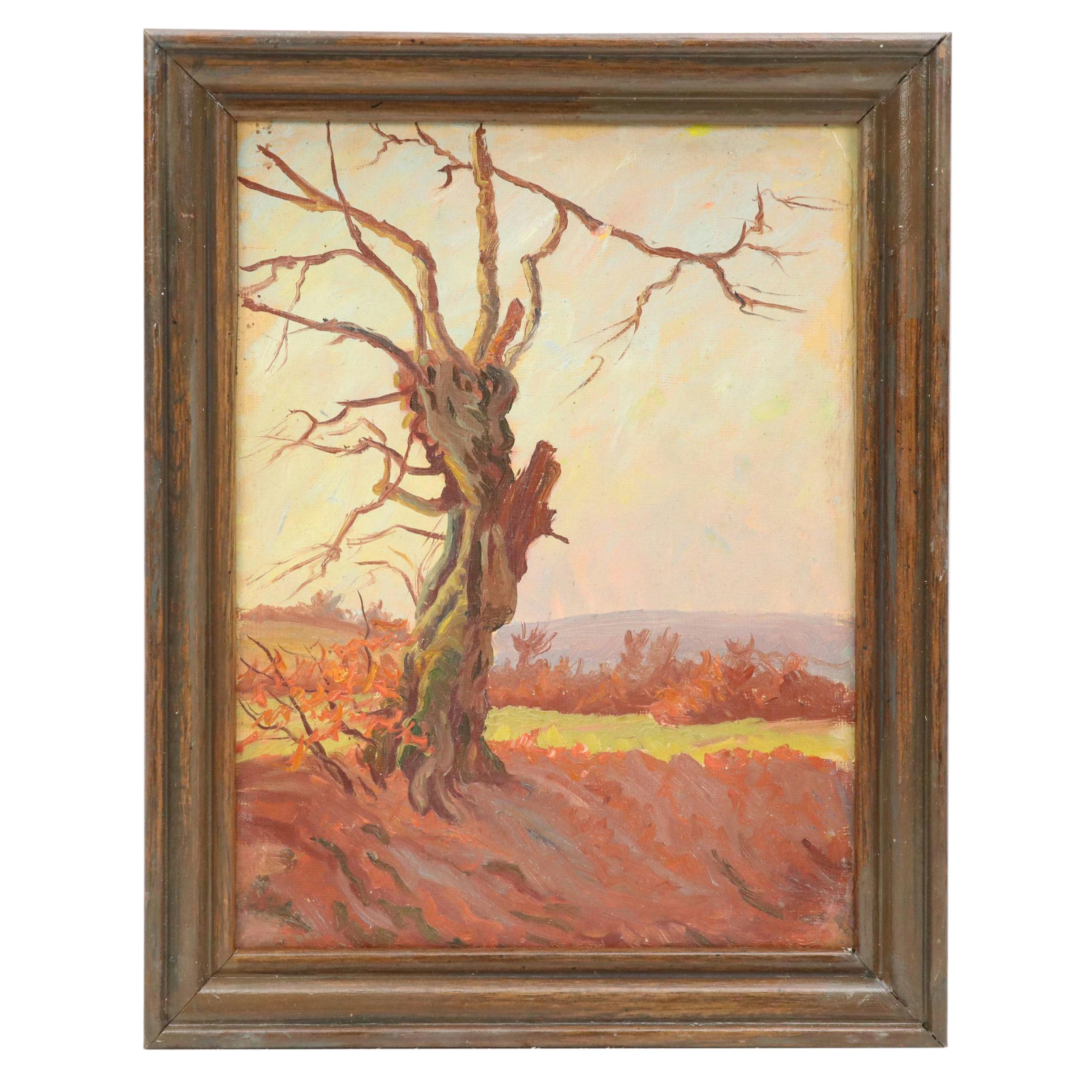Attributed to Jeanne Reimbolte Landscape Oil Painting of Gnarled Tree
