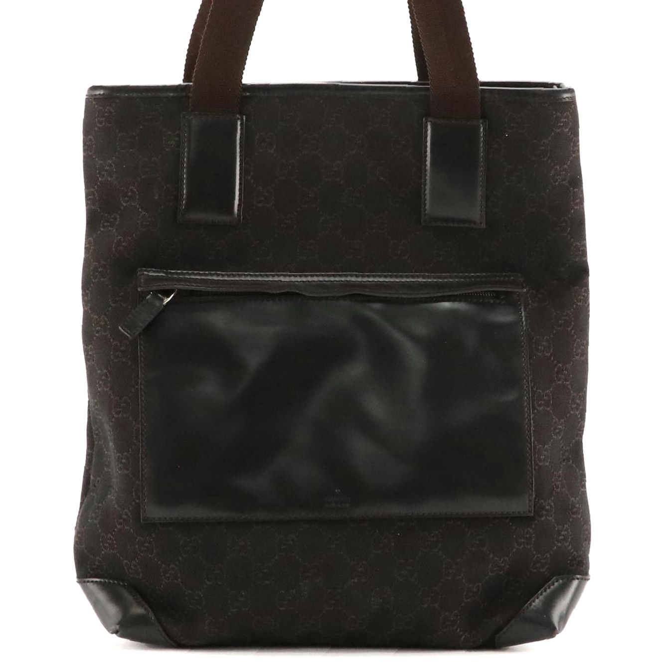 Gucci Front Pocket Zip Shoulder Tote in Dark GG Canvas and Leather