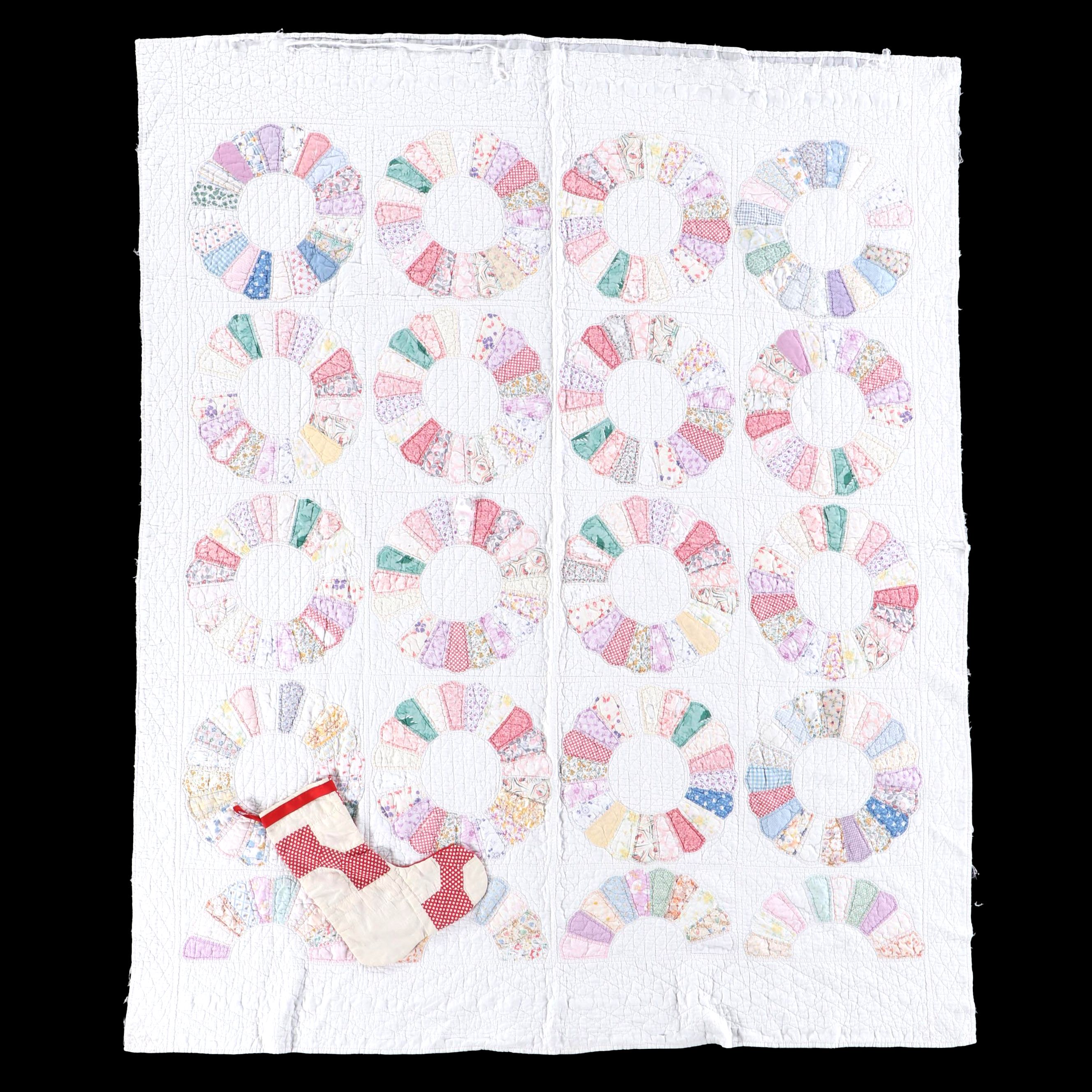 Handmade "Dresden Plate" Quilt with Patchwork Christmas Stocking