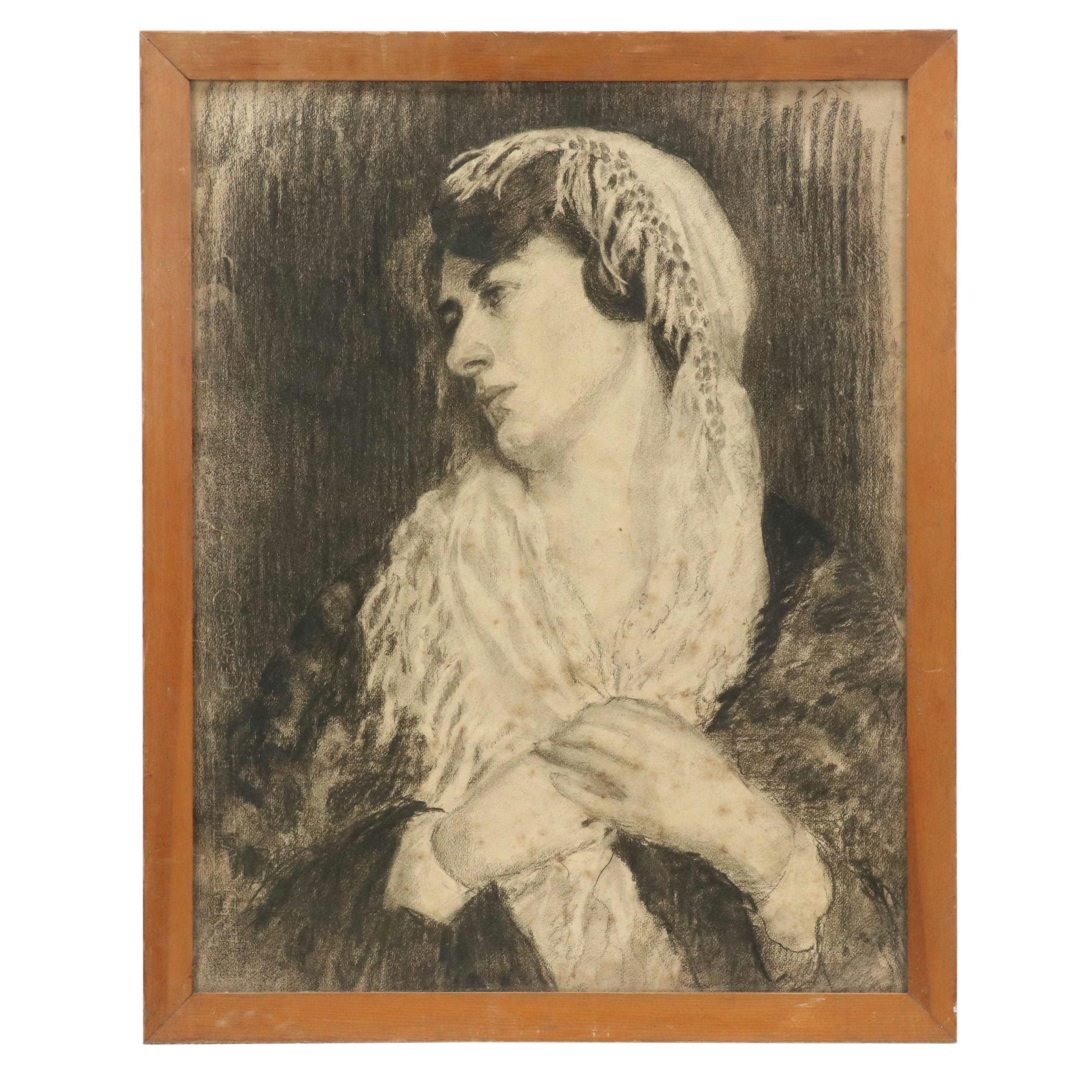 Lillian Wyler Bettman Charcoal Portrait Drawing of Woman, 1911