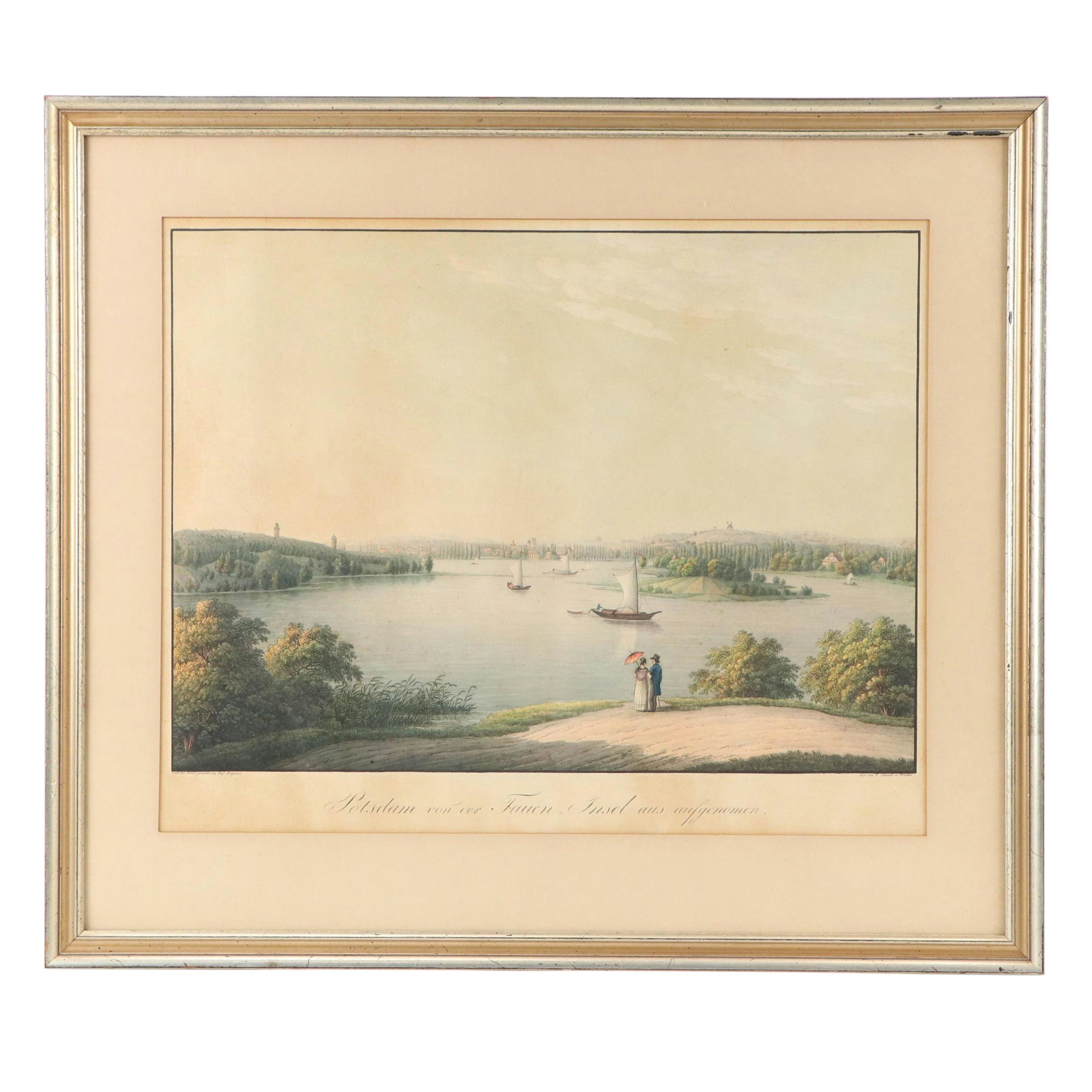 Hand-Colored Engraving After Frédéric Fregevize of Potsdam from Peacock Island