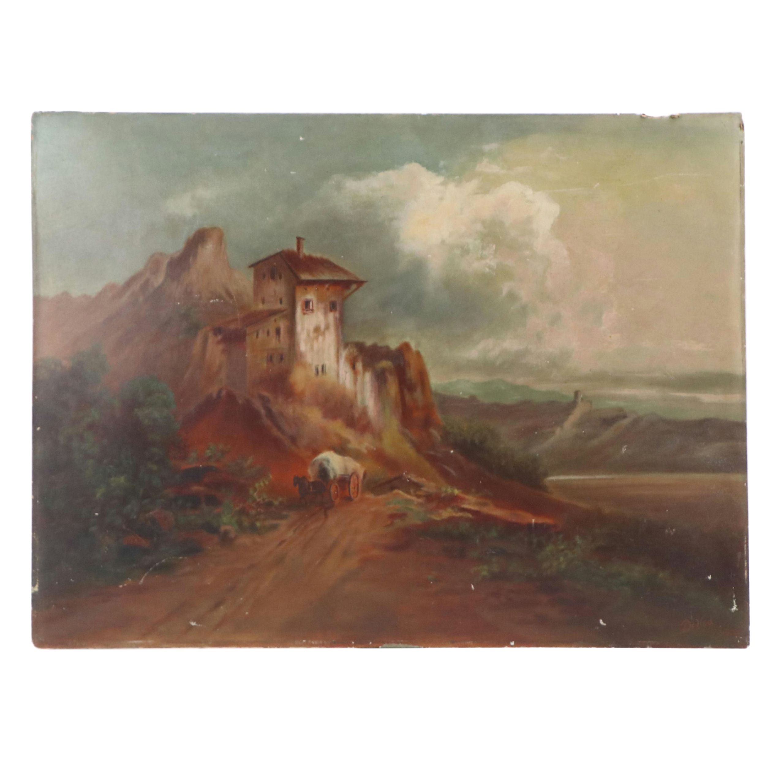 DeVed Oil Landscape Painting with Horse-Drawn Wagon, Late 19th Century