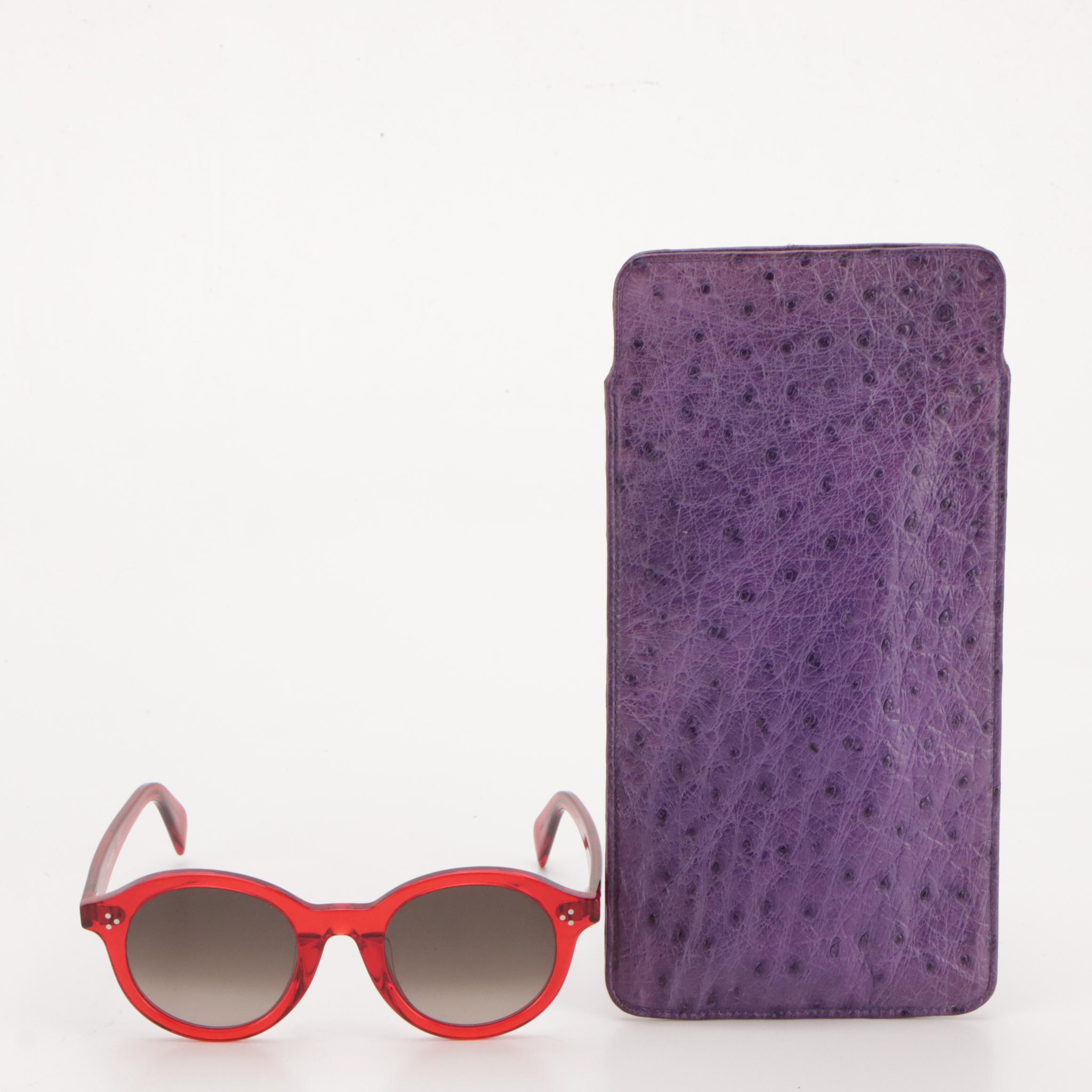 Céline CL40034F 66K Red Round Sunglasses with Friedrich's Ostrich Leather Case