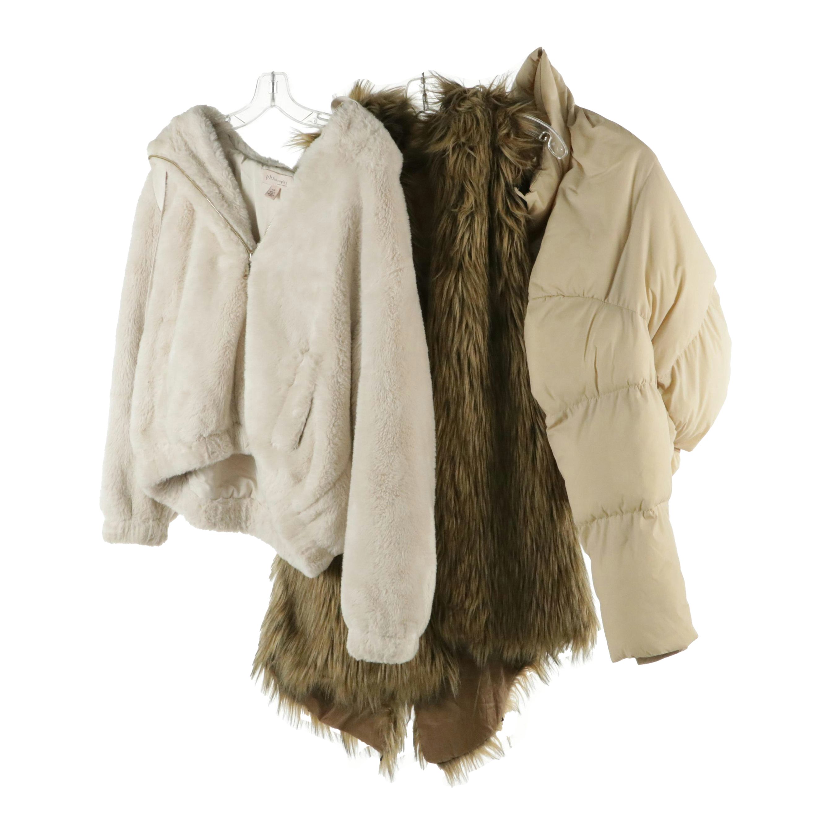 Philosophy Zip-Front Faux Fur Jacket, Boo Hoo Puffy Jacket, & Faux Fur Vest