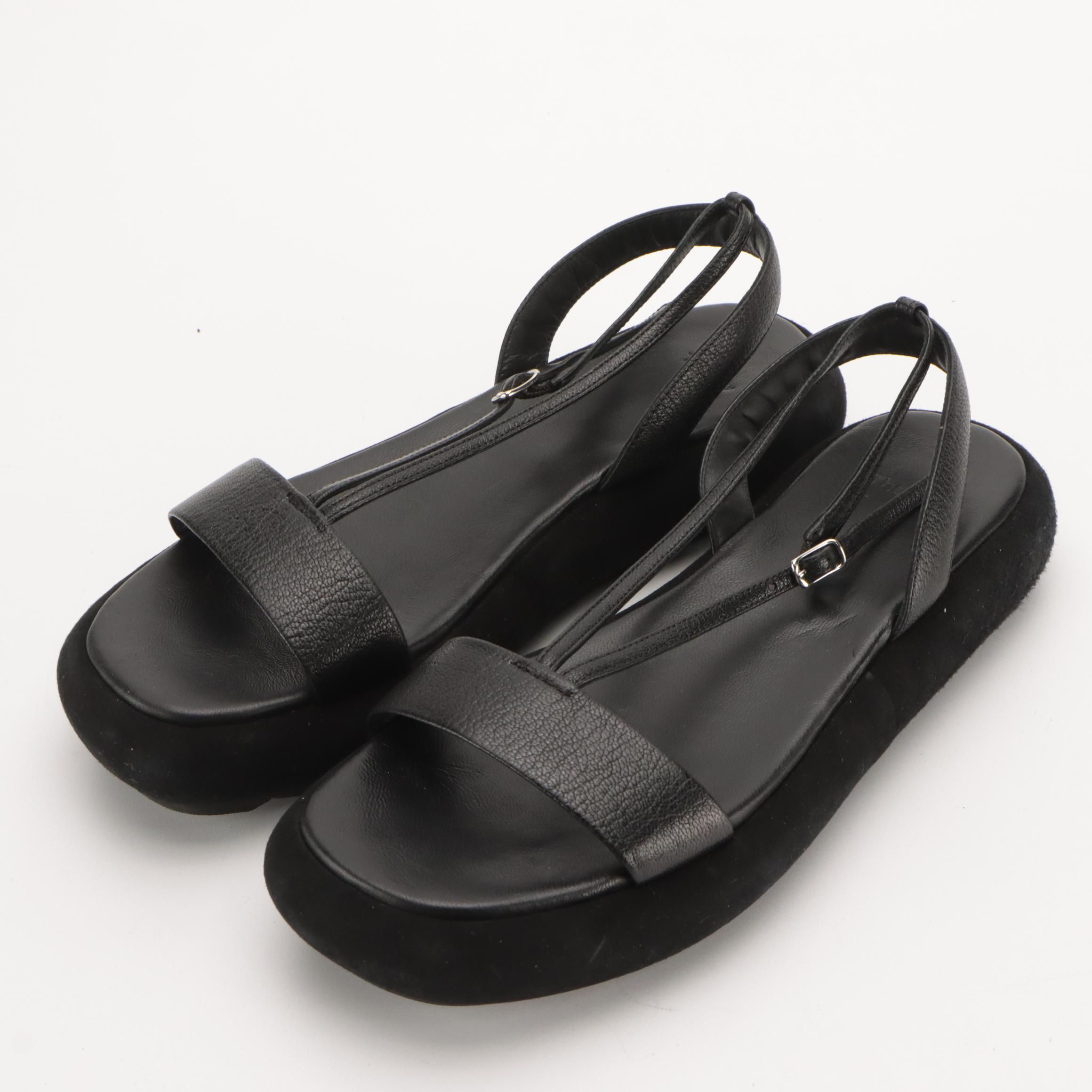 Theory Black Strappy Leather Bubble Sole Sandals