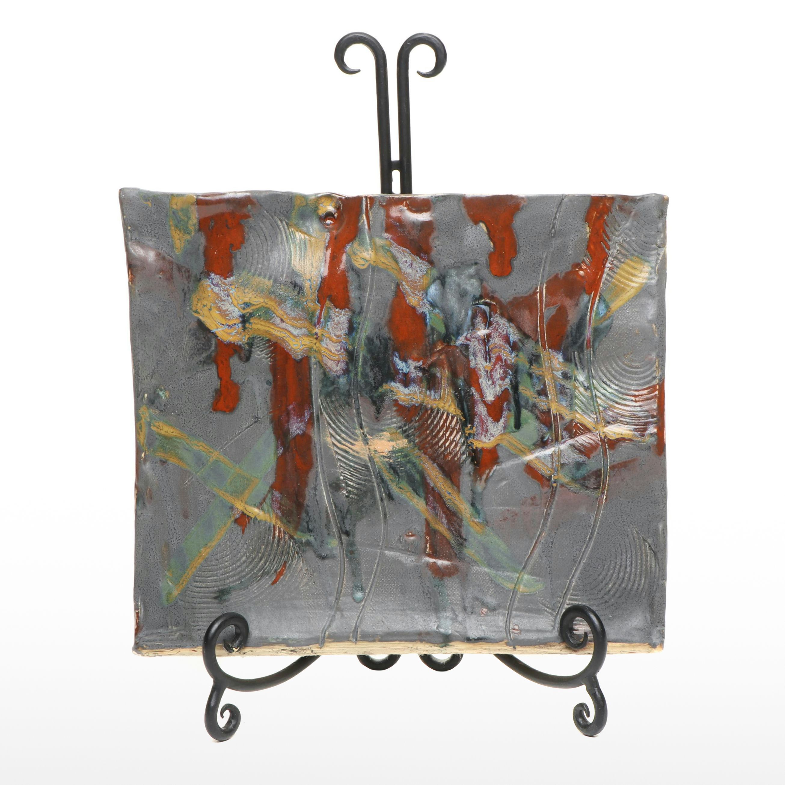 Signed Studio Pottery Slab Built Polychrome Vase with Stand