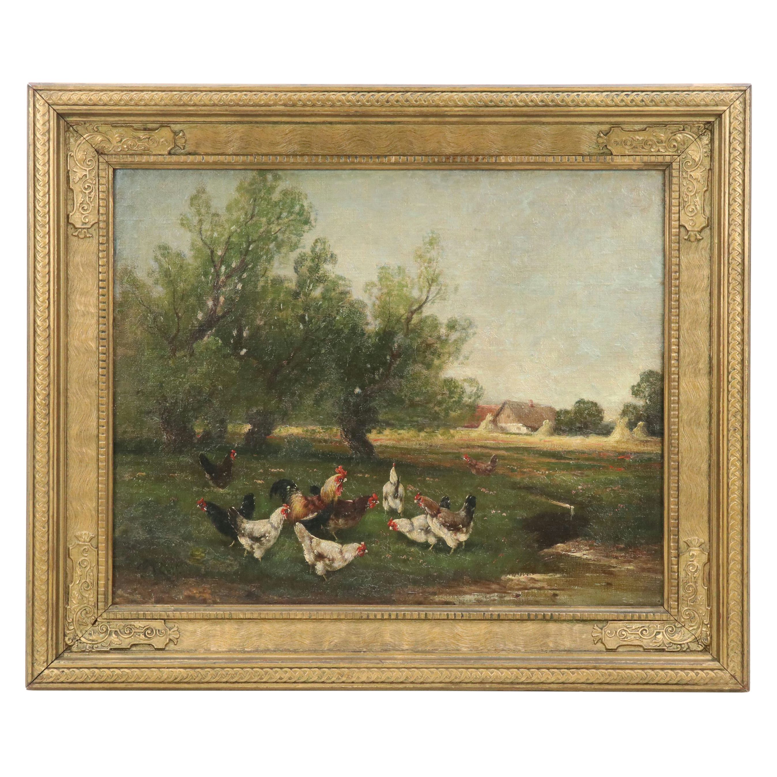 Pastoral Landscape Oil Painting of Chickens in Tree Shade, Early 20 C.