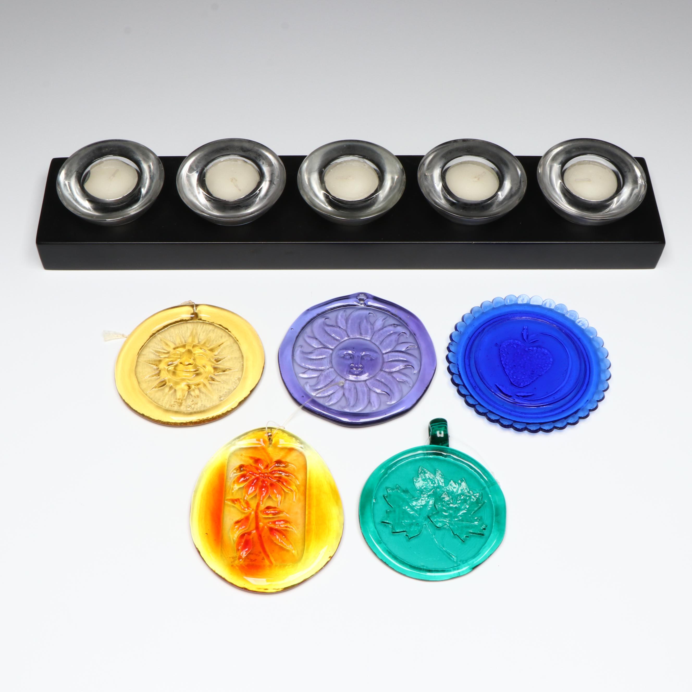 Wooden Votive Candle Holder with Art Glass Hanging Sun Catchers