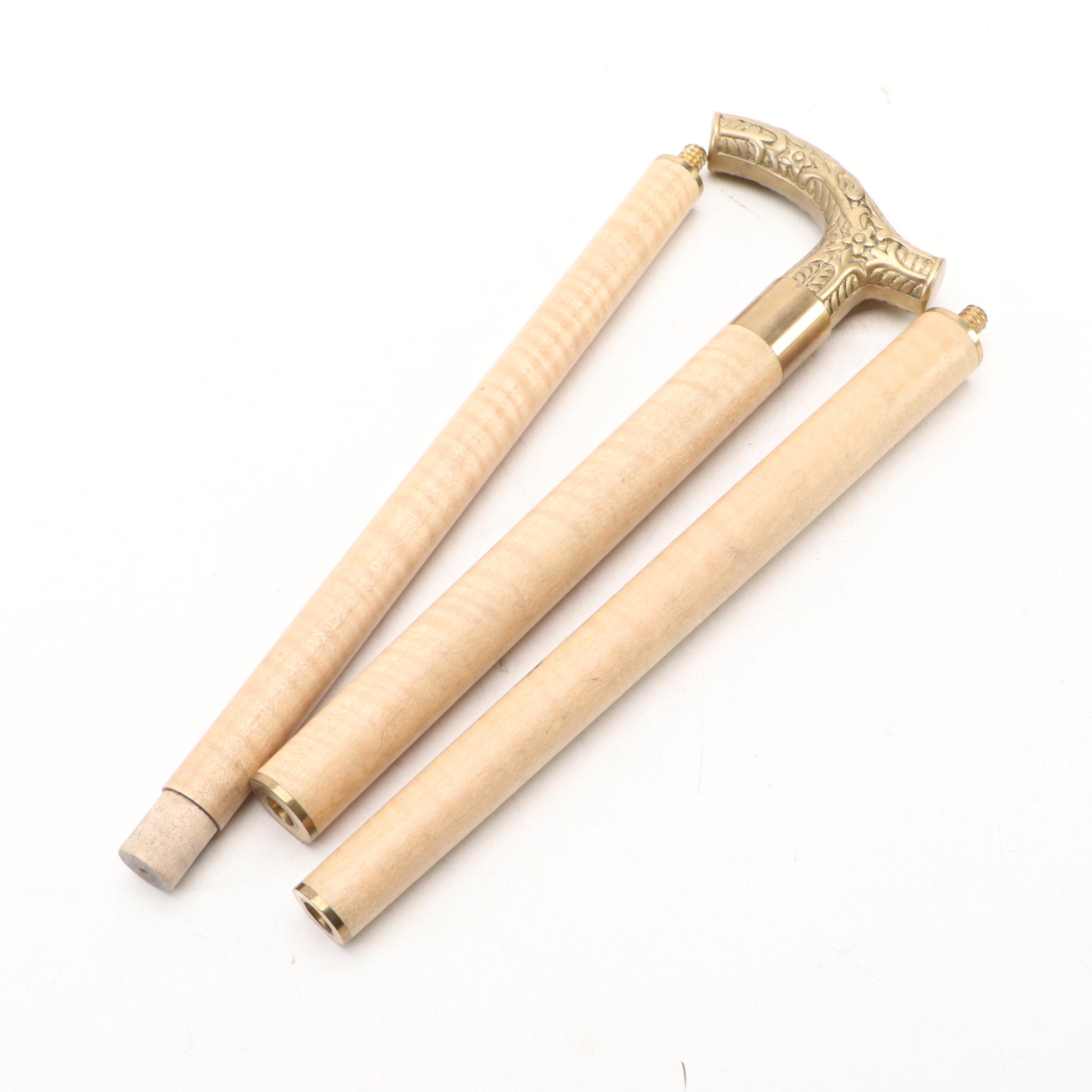 Tiger Maple Three-Part Walking Stick, Late 20th Century