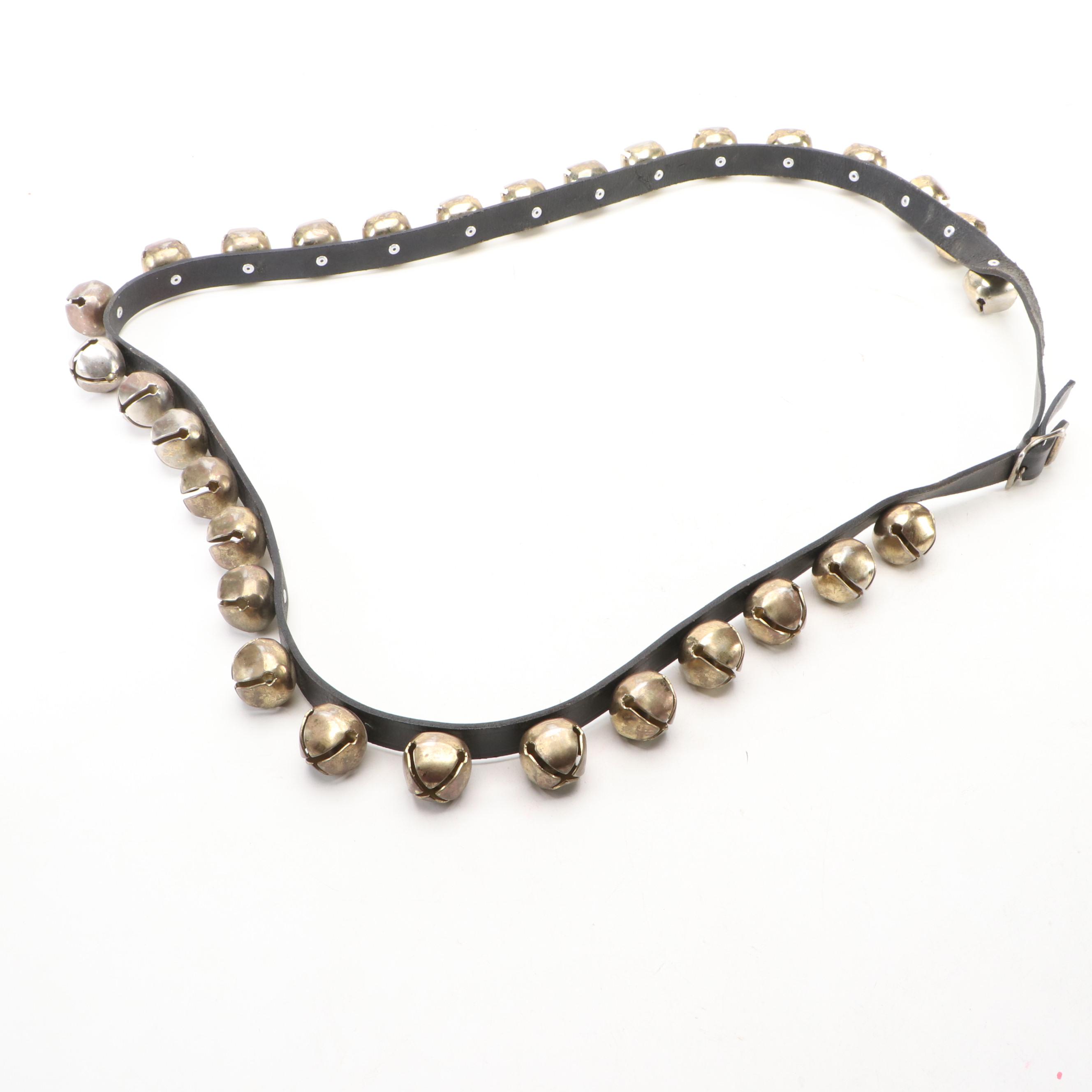 Brass Horse Sleigh Bells on Black Leather Strap