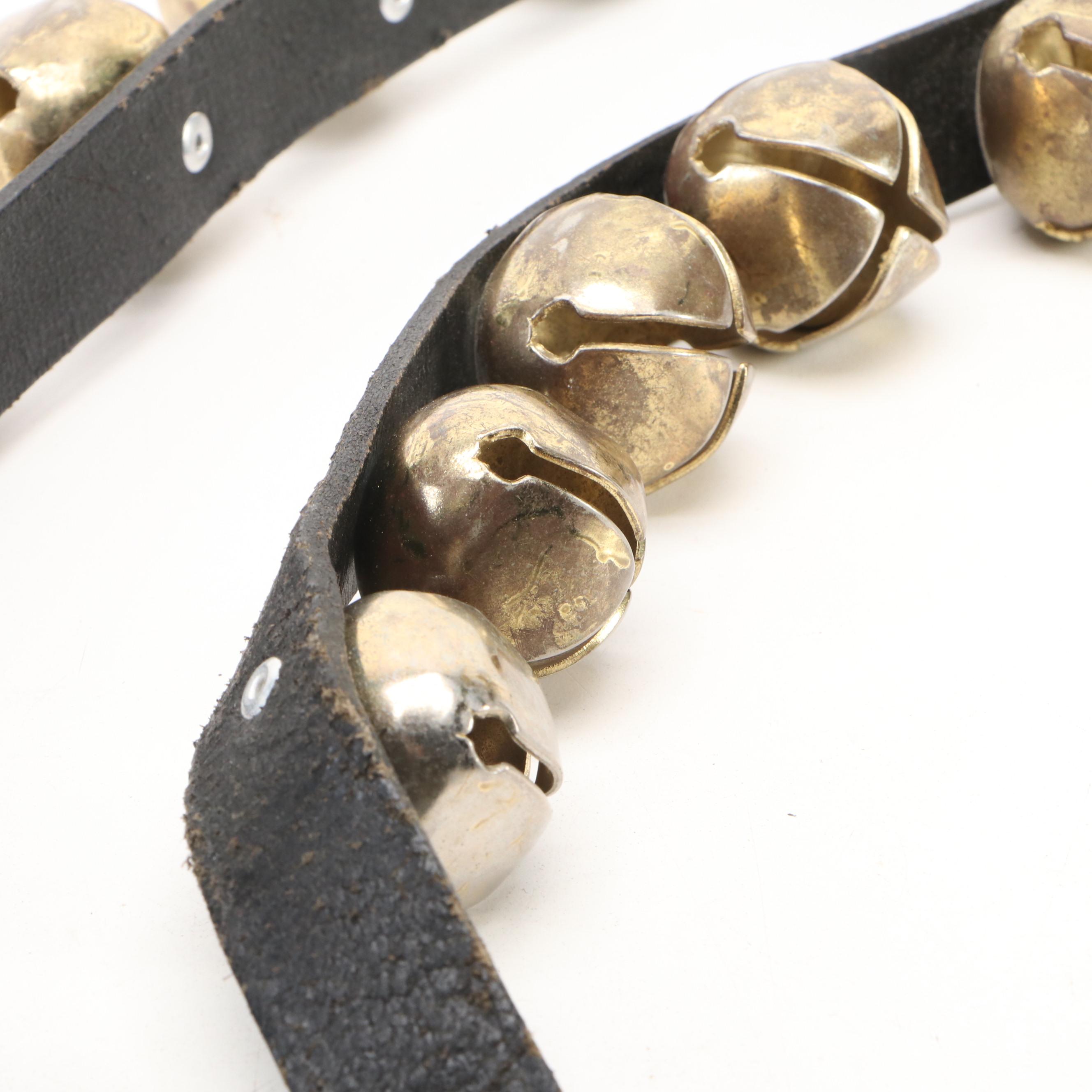 Brass Horse Sleigh Bells on Black Leather Strap