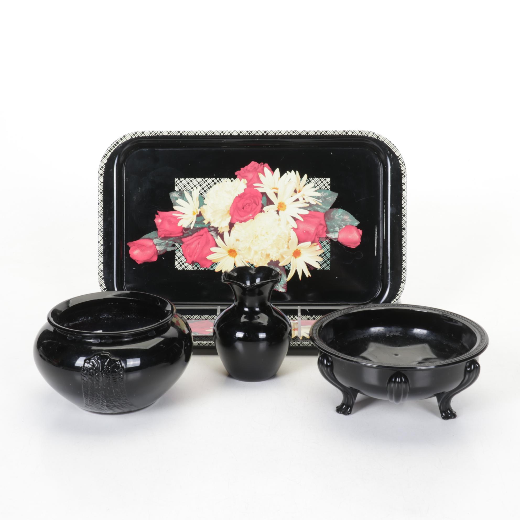 L.E. Smith Art Deco "Black Amethyst" Glass Bowl and Vases with Floral Tin Trays