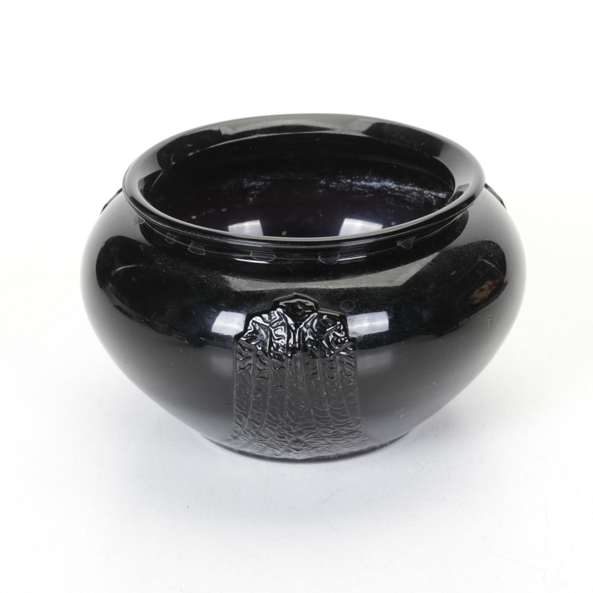 L.E. Smith Art Deco "Black Amethyst" Glass Bowl and Vases with Floral Tin Trays