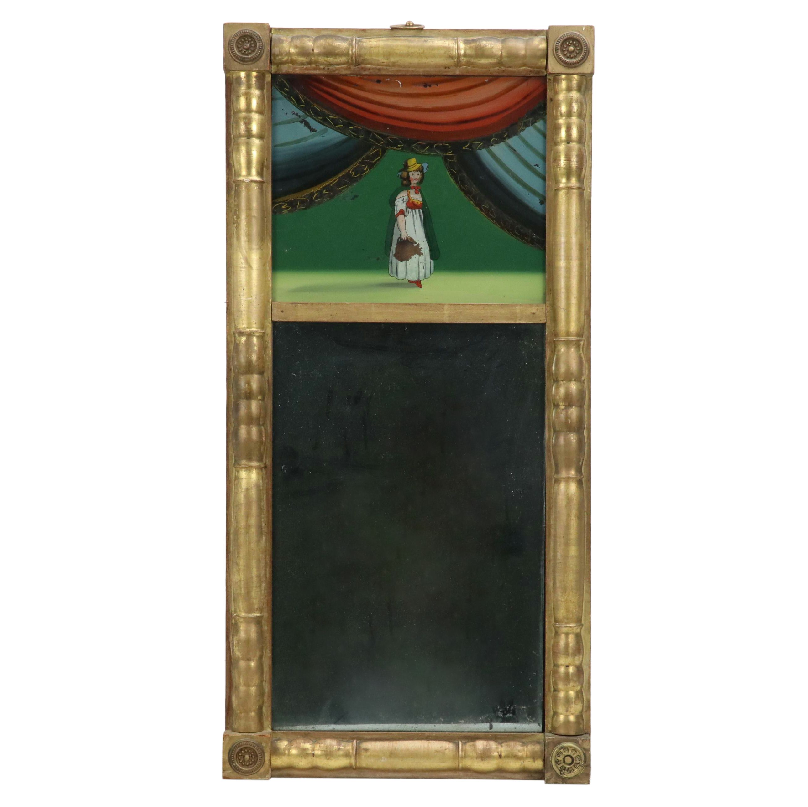 American Empire Style Giltwood Trumeau Mirror with Reverse Painted Glass Panel