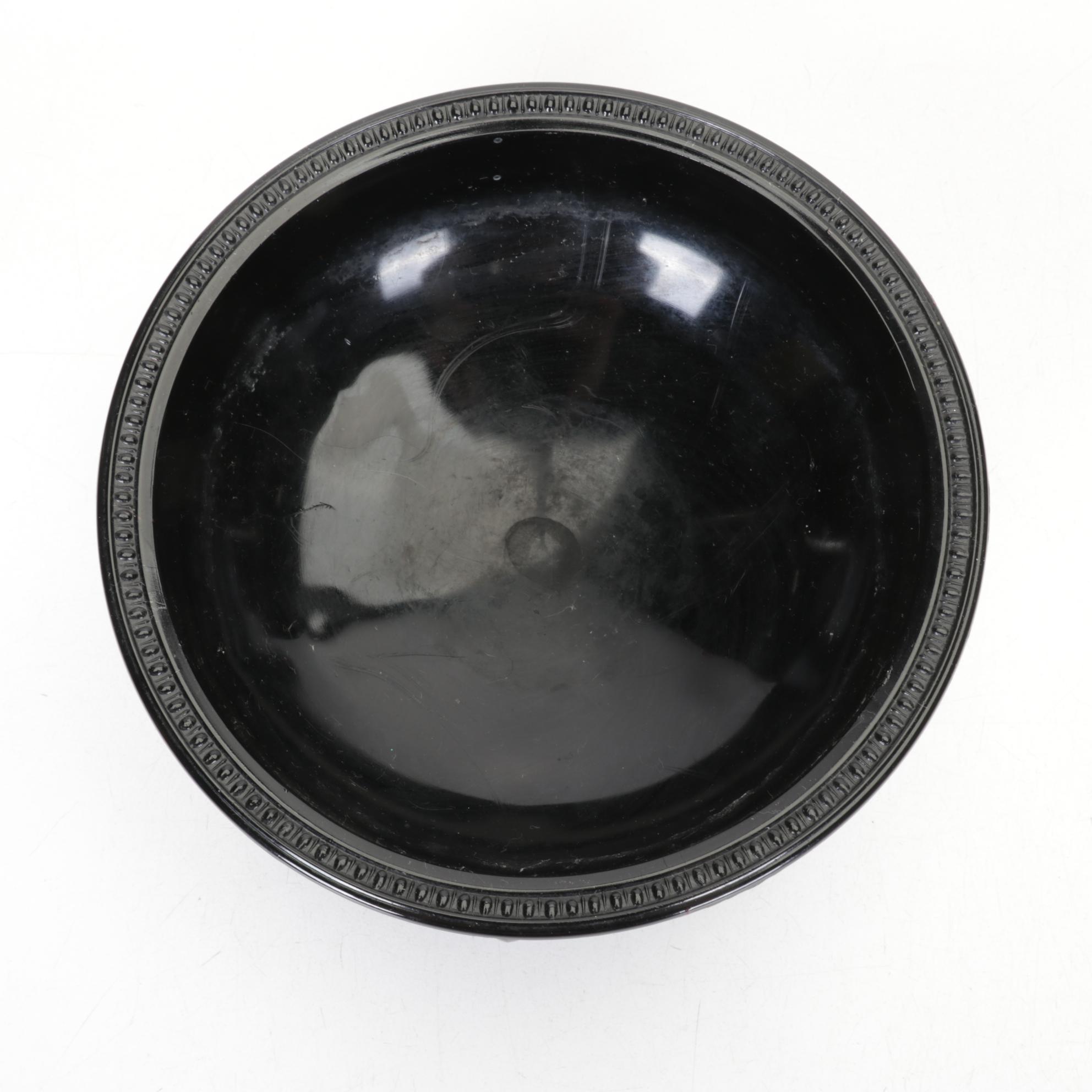 L.E. Smith Art Deco "Black Amethyst" Glass Bowl and Vases with Floral Tin Trays