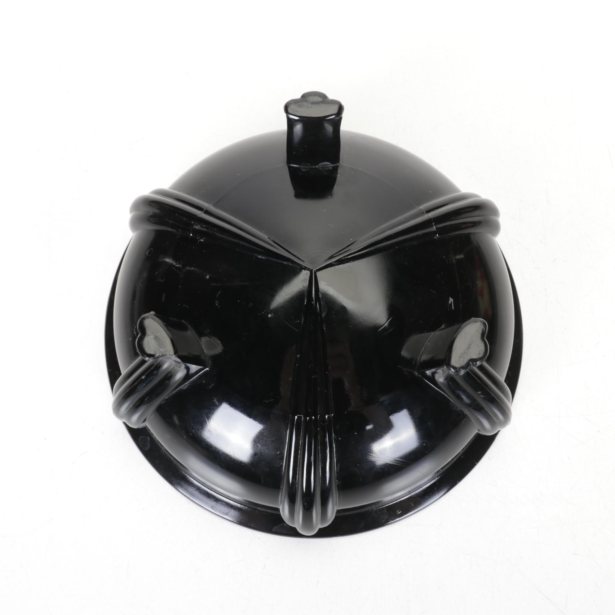 L.E. Smith Art Deco "Black Amethyst" Glass Bowl and Vases with Floral Tin Trays