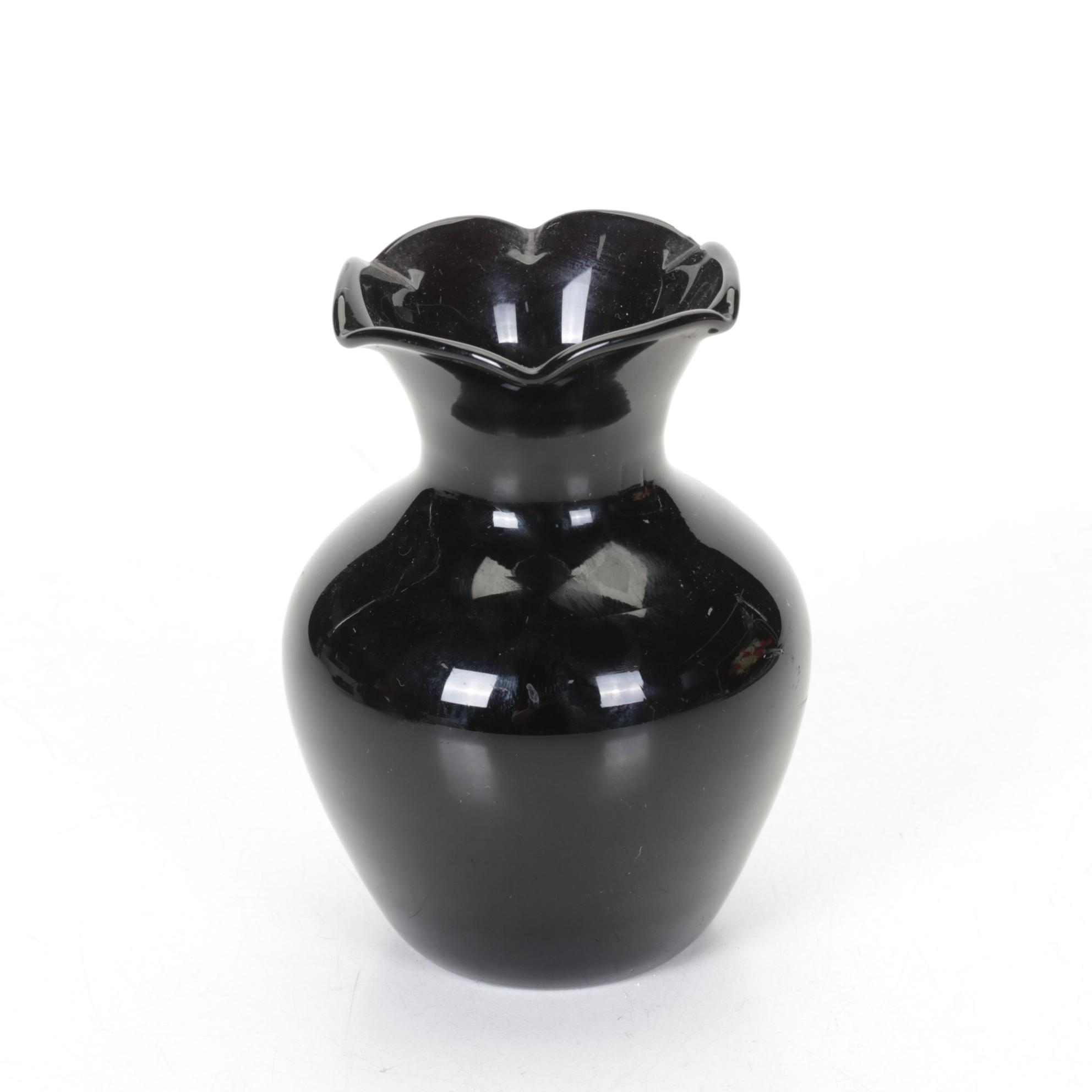 L.E. Smith Art Deco "Black Amethyst" Glass Bowl and Vases with Floral Tin Trays