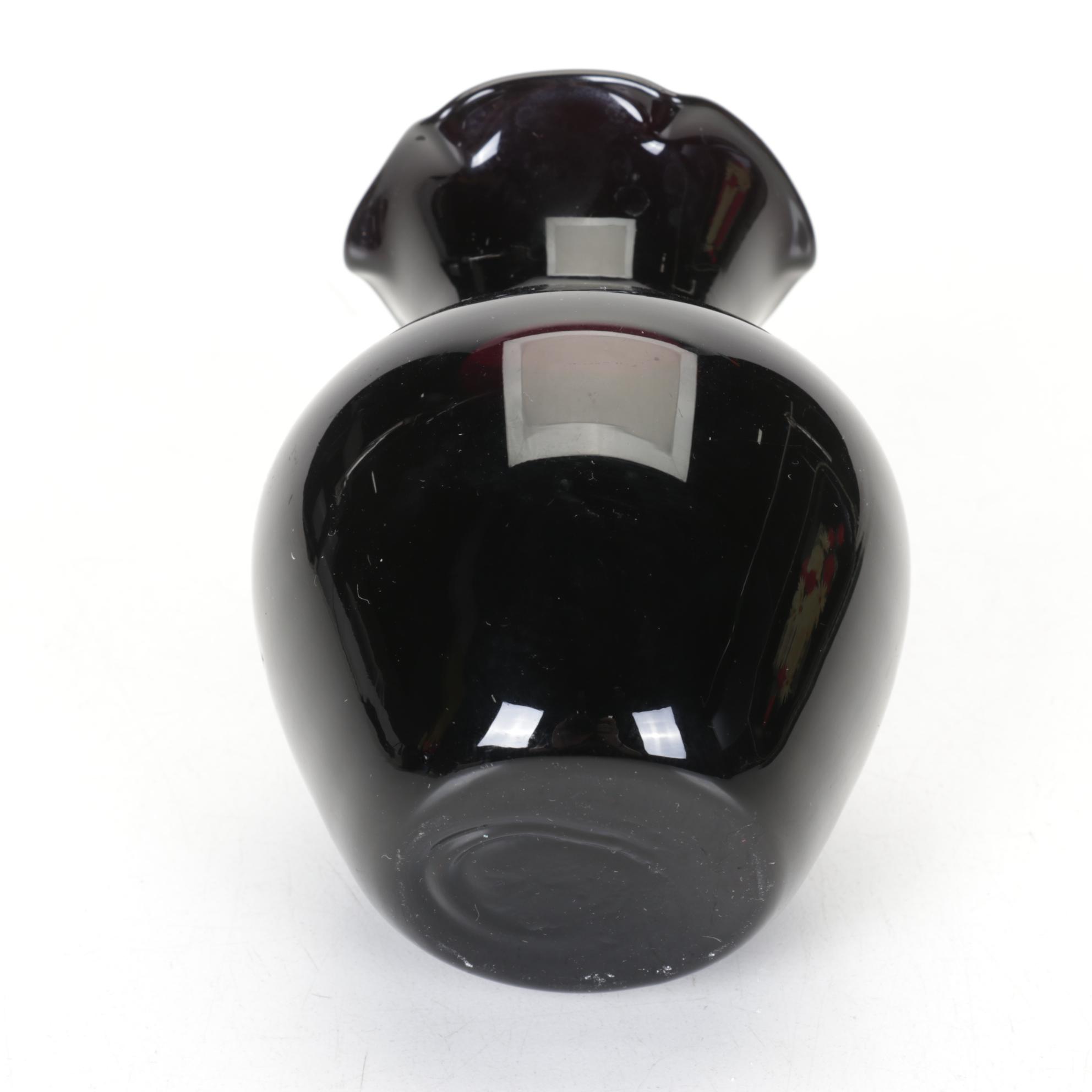 L.E. Smith Art Deco "Black Amethyst" Glass Bowl and Vases with Floral Tin Trays