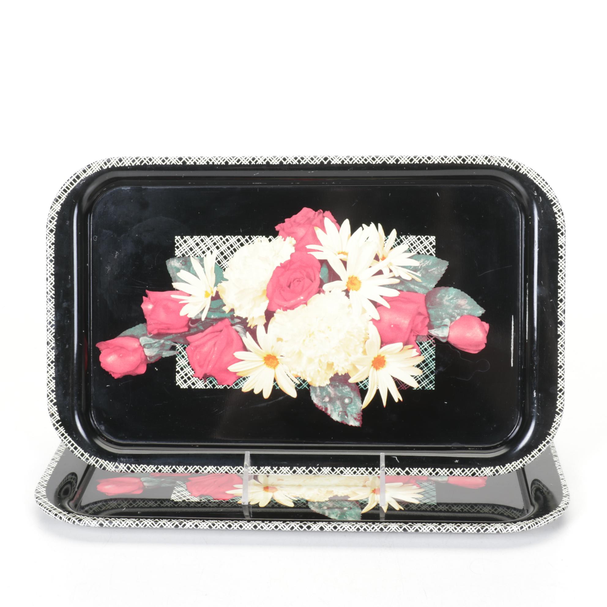 L.E. Smith Art Deco "Black Amethyst" Glass Bowl and Vases with Floral Tin Trays