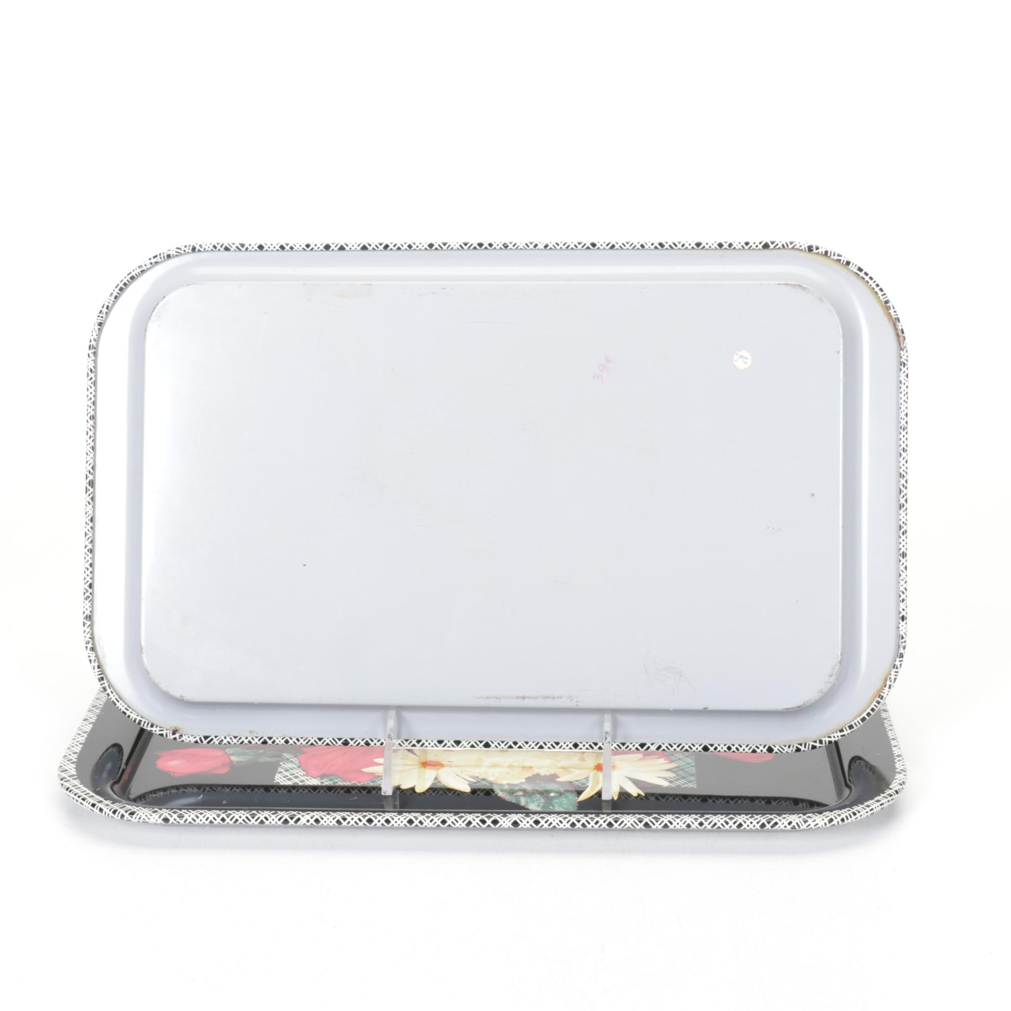 L.E. Smith Art Deco "Black Amethyst" Glass Bowl and Vases with Floral Tin Trays