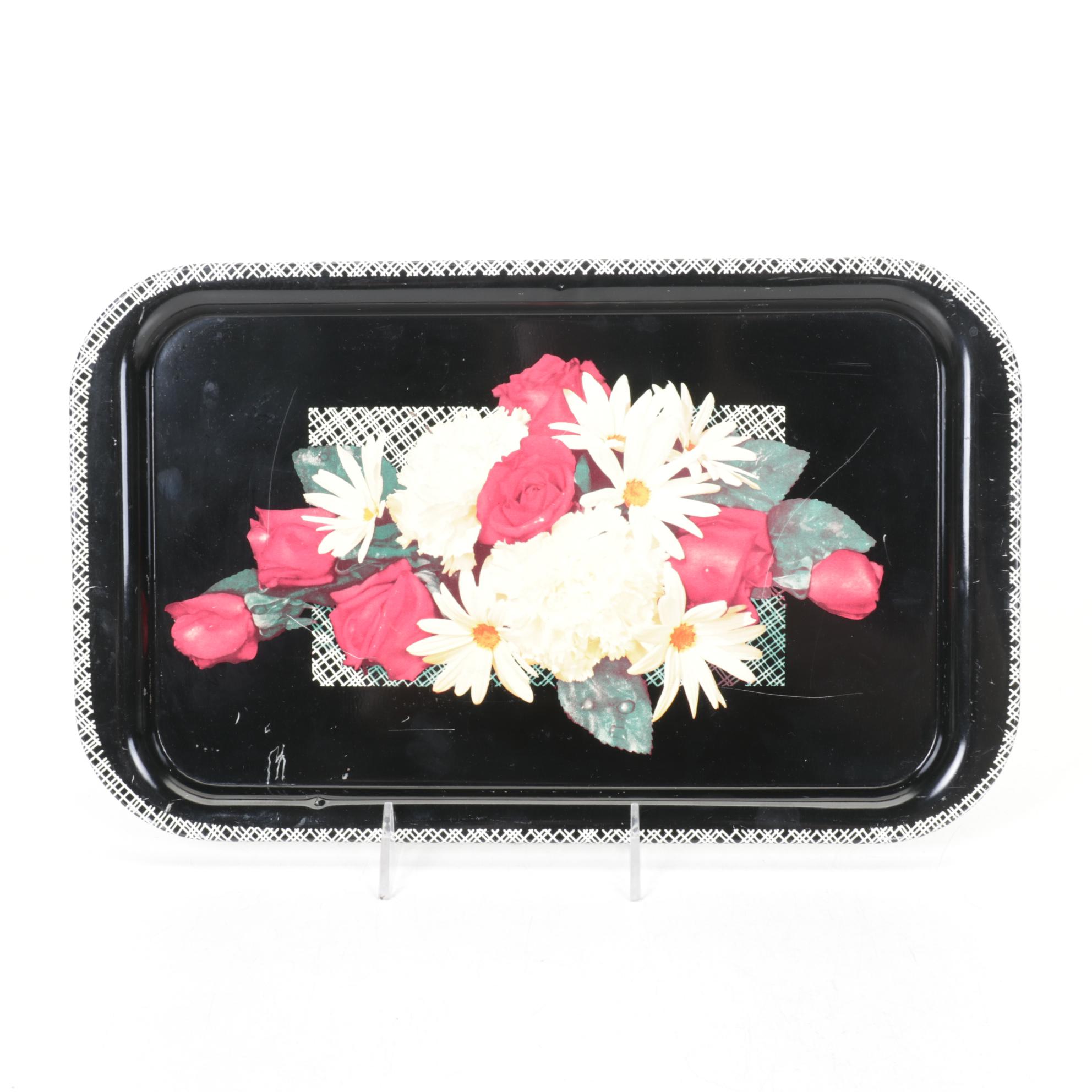 L.E. Smith Art Deco "Black Amethyst" Glass Bowl and Vases with Floral Tin Trays