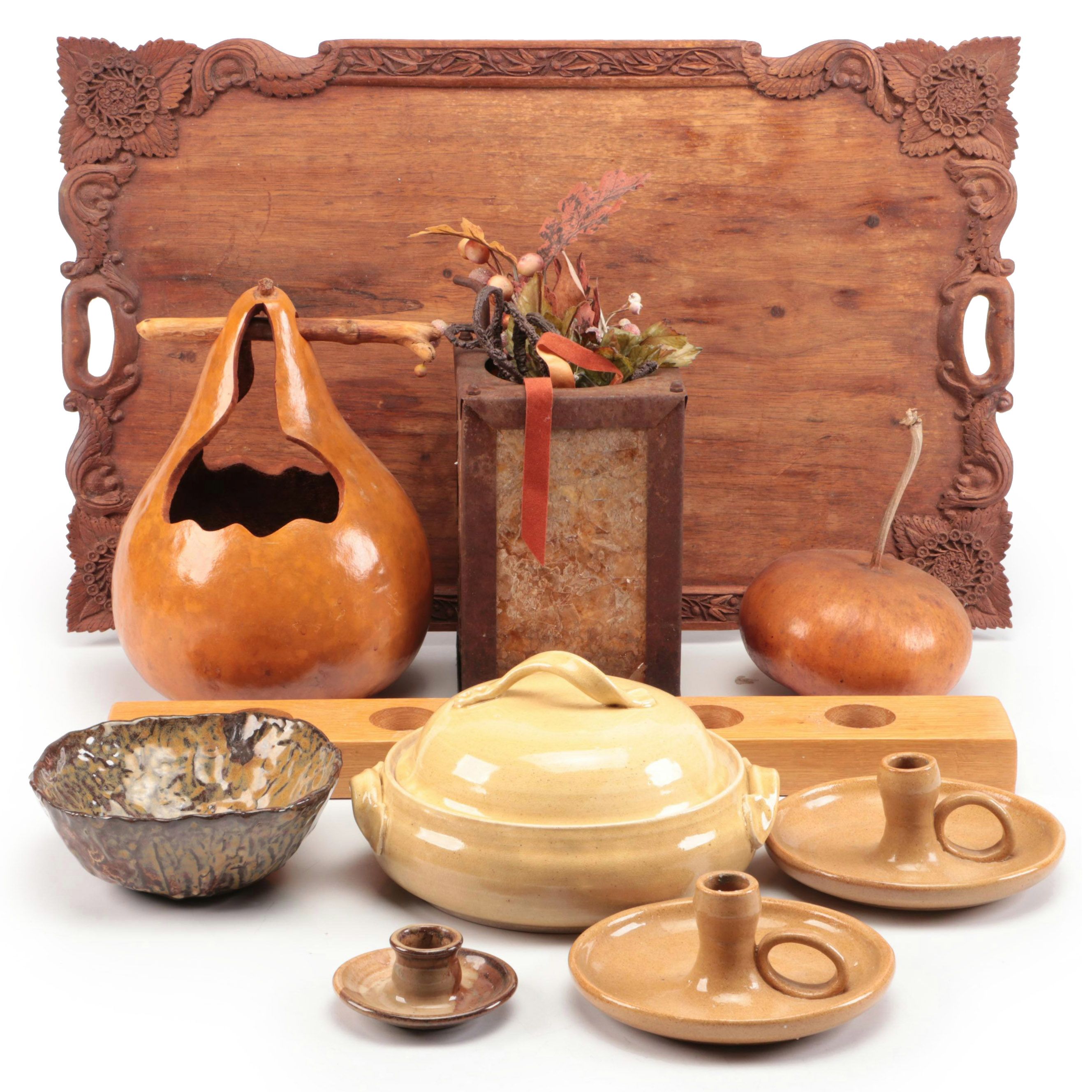 Folk Art Carved Walnut Handled Tray with Ceramic Candle Holders and Autumn Décor