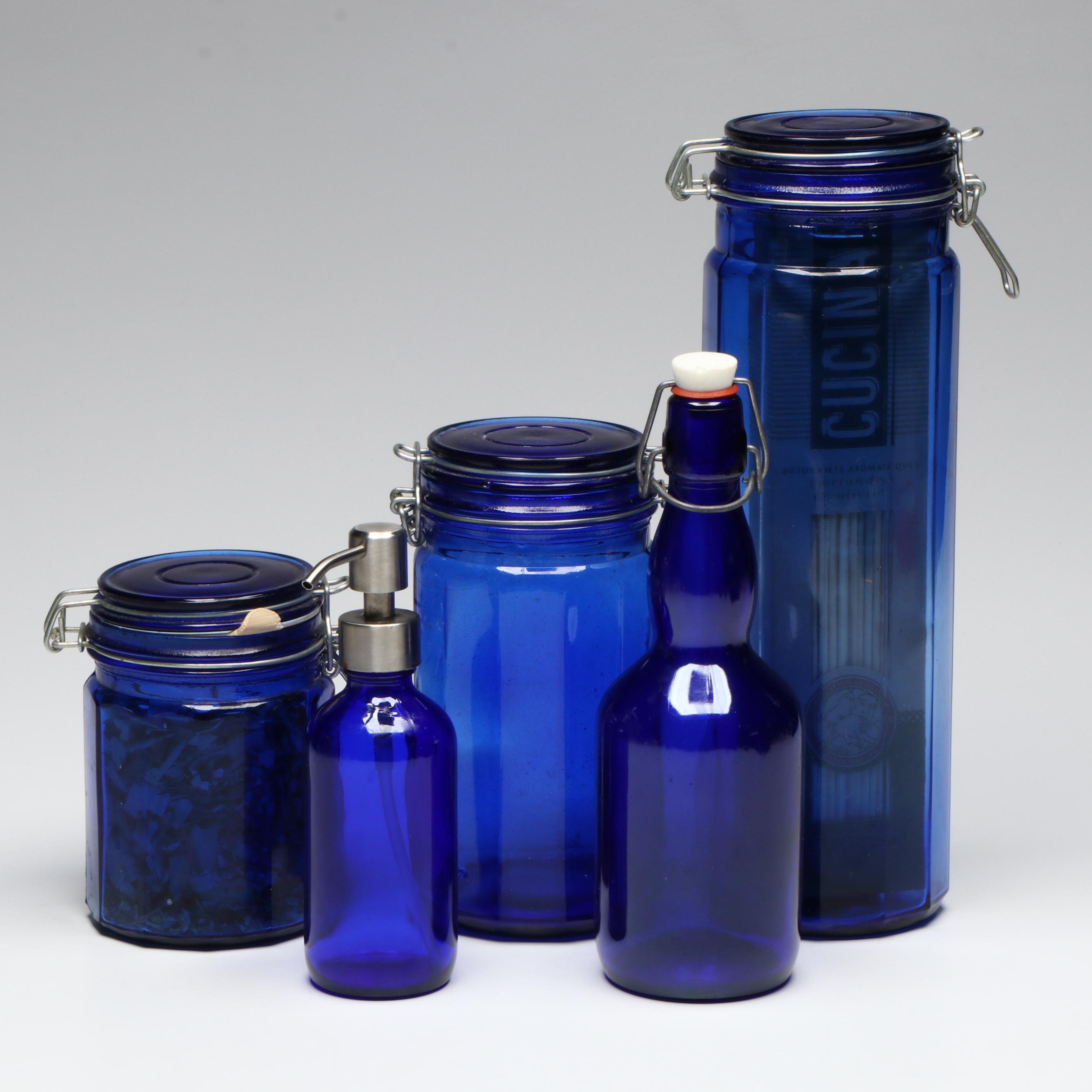 Cobalt Blue Glass Canisters with Glass Bottle and More