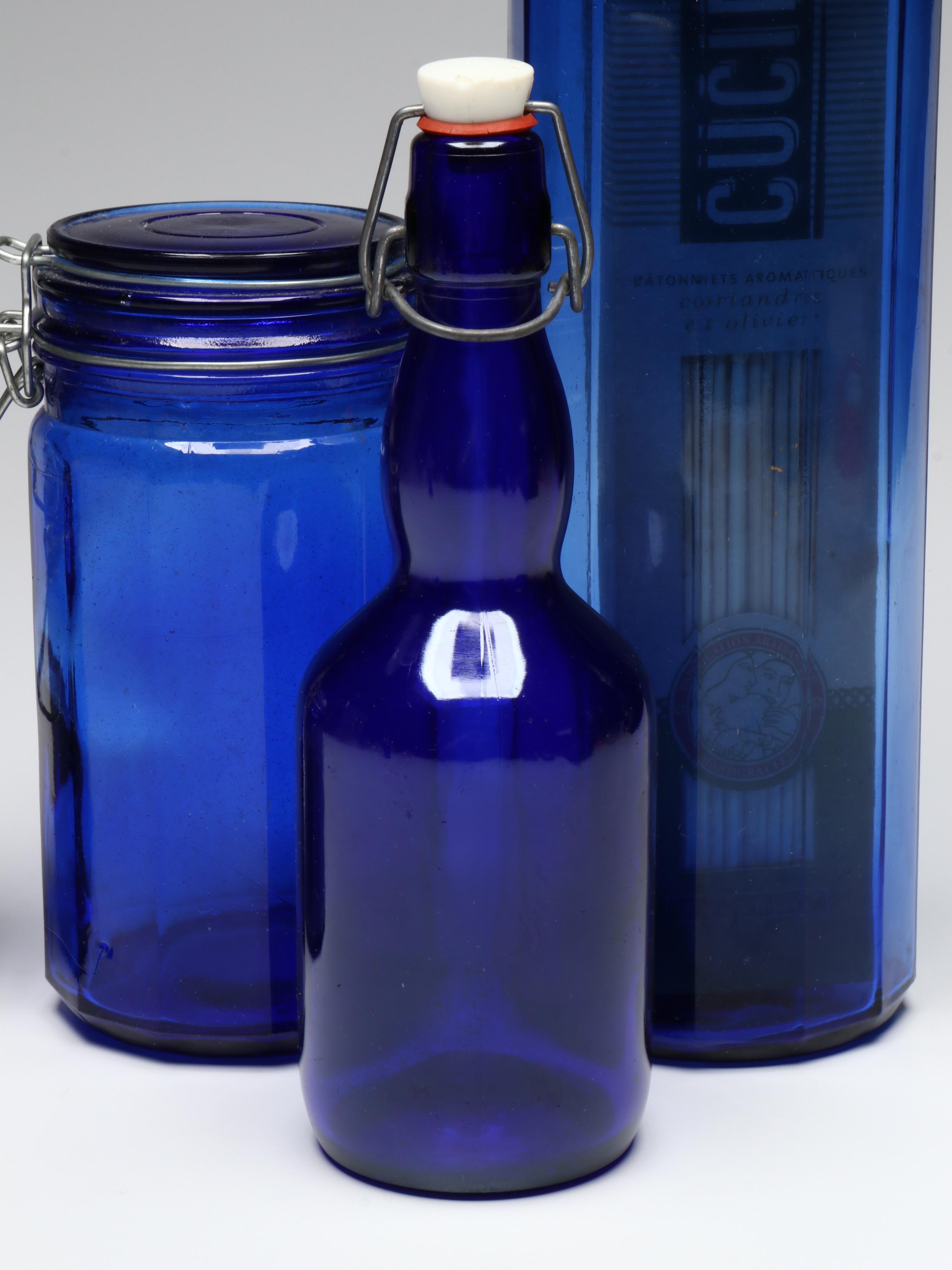 Cobalt Blue Glass Canisters with Glass Bottle and More