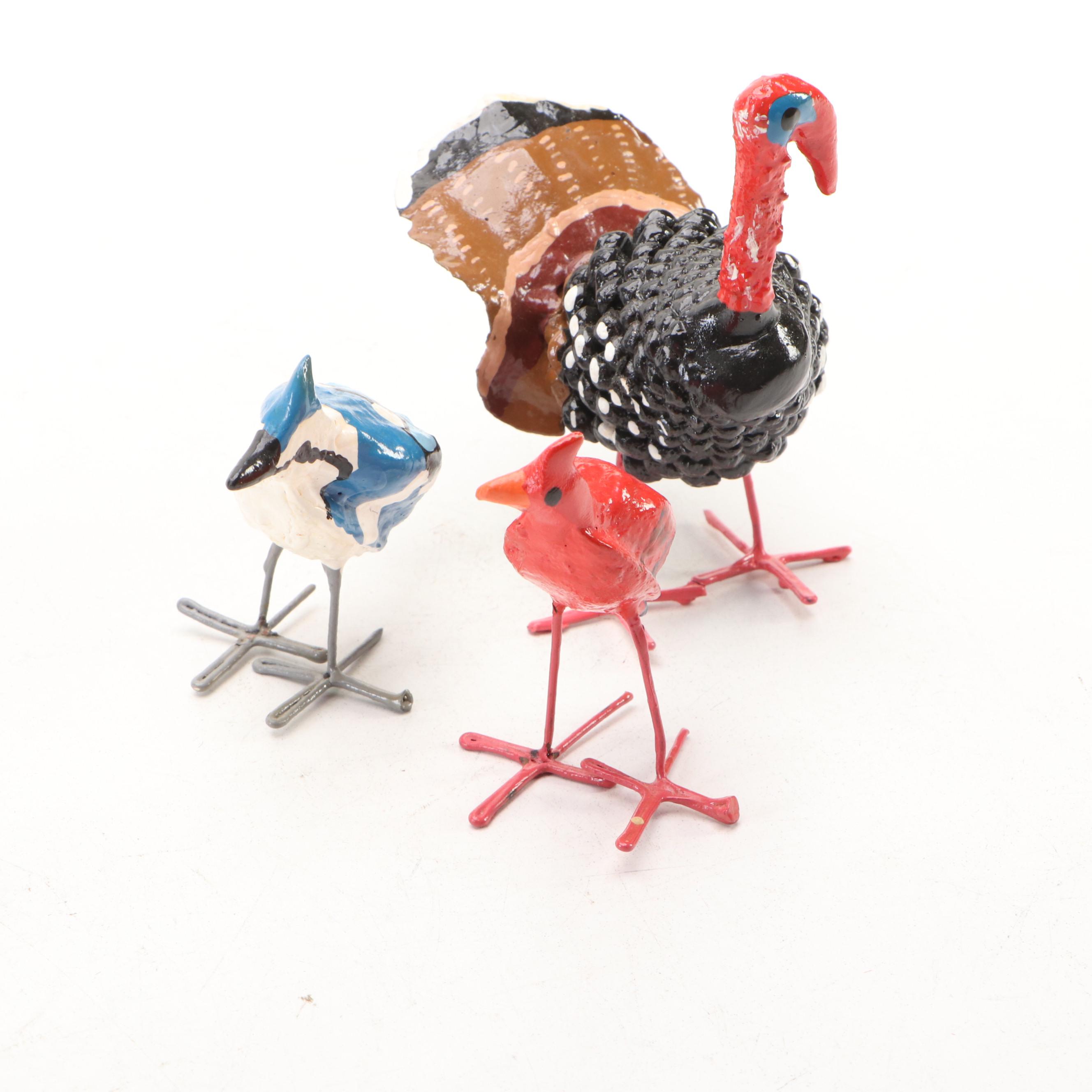 Carved Wood Dove on Cedar Knee with Other Painted Metal Bird Figurines