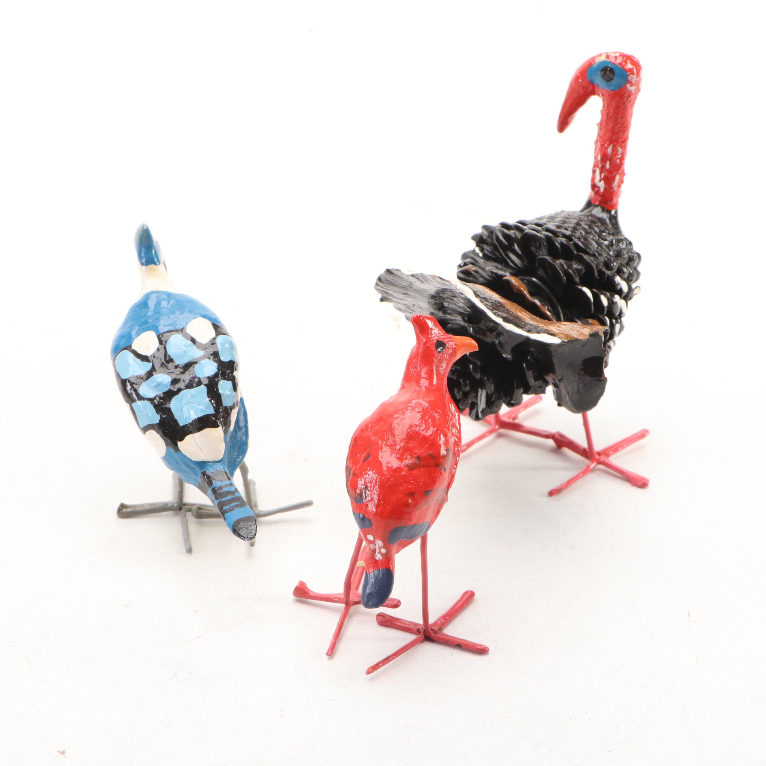 Carved Wood Dove on Cedar Knee with Other Painted Metal Bird Figurines