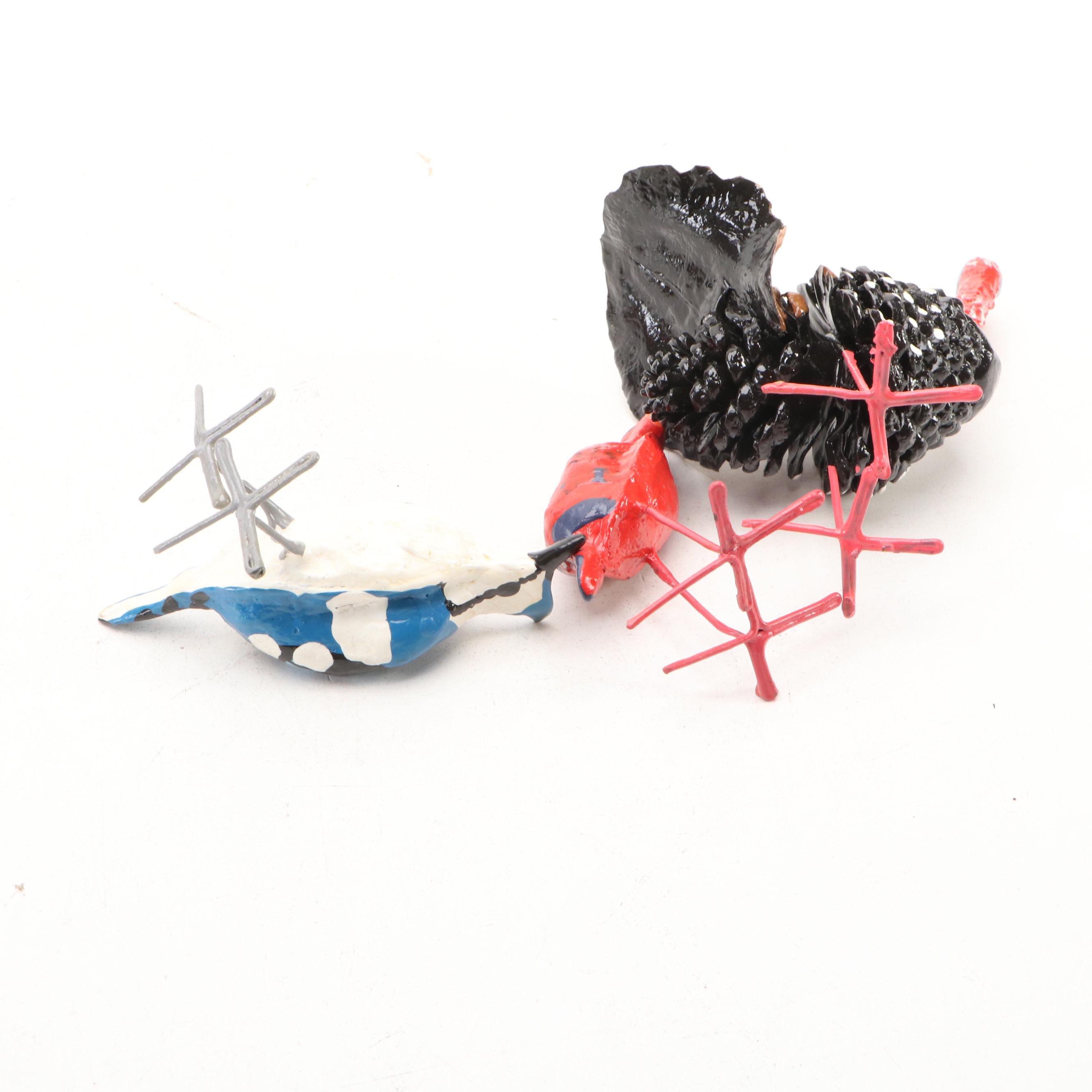 Carved Wood Dove on Cedar Knee with Other Painted Metal Bird Figurines