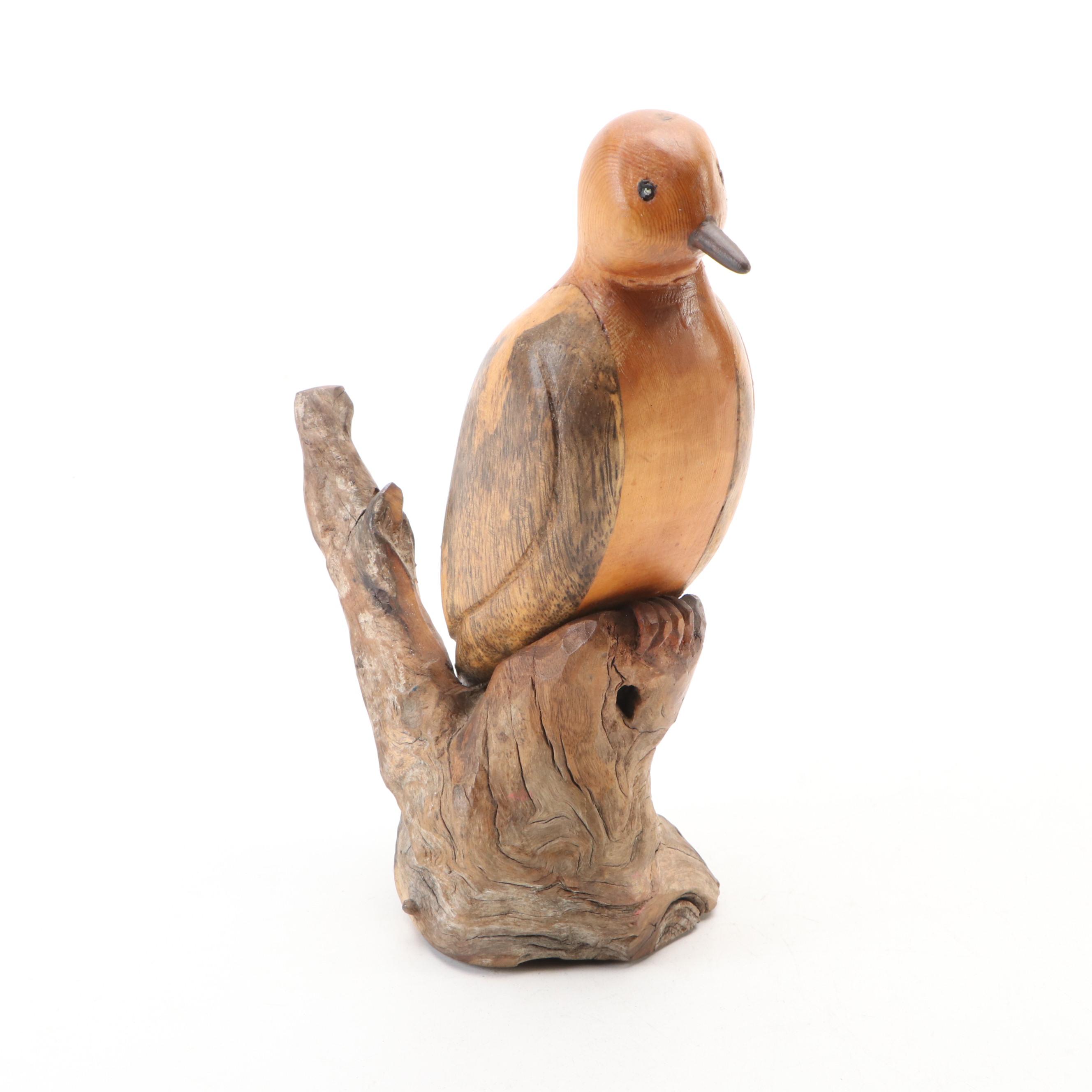 Carved Wood Dove on Cedar Knee with Other Painted Metal Bird Figurines