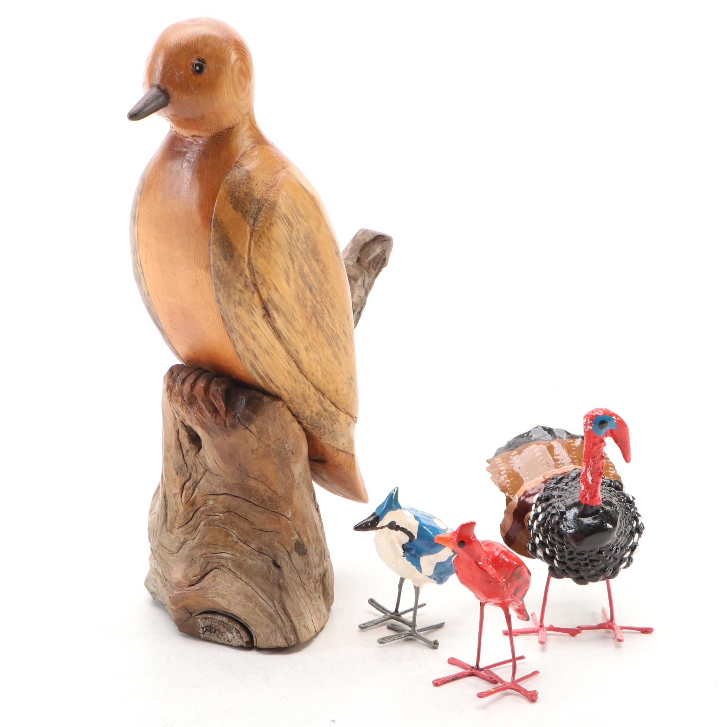 Carved Wood Dove on Cedar Knee with Other Painted Metal Bird Figurines
