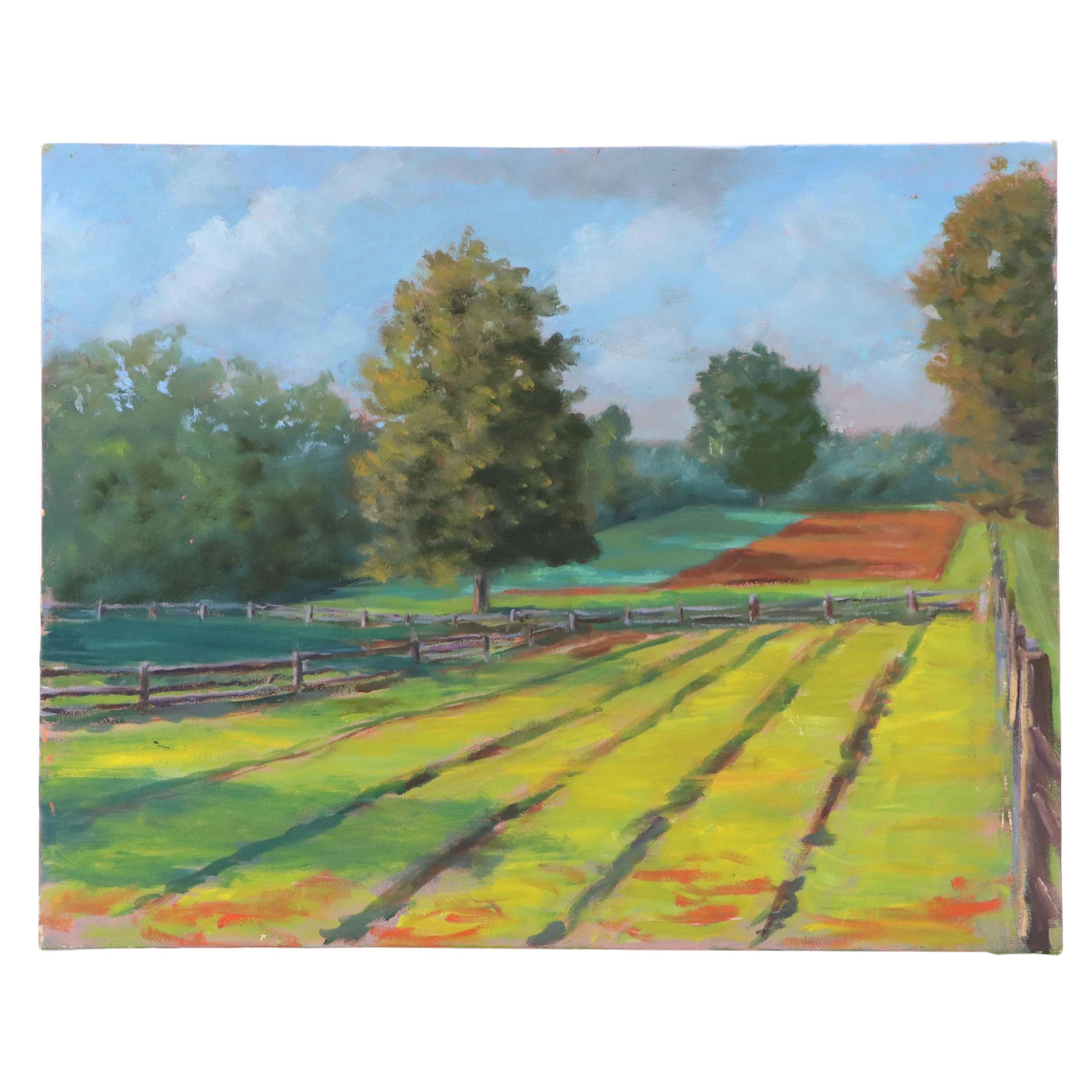 Larry Griggs Farm Landscape Acrylic Painting of Crop Field at Sunset