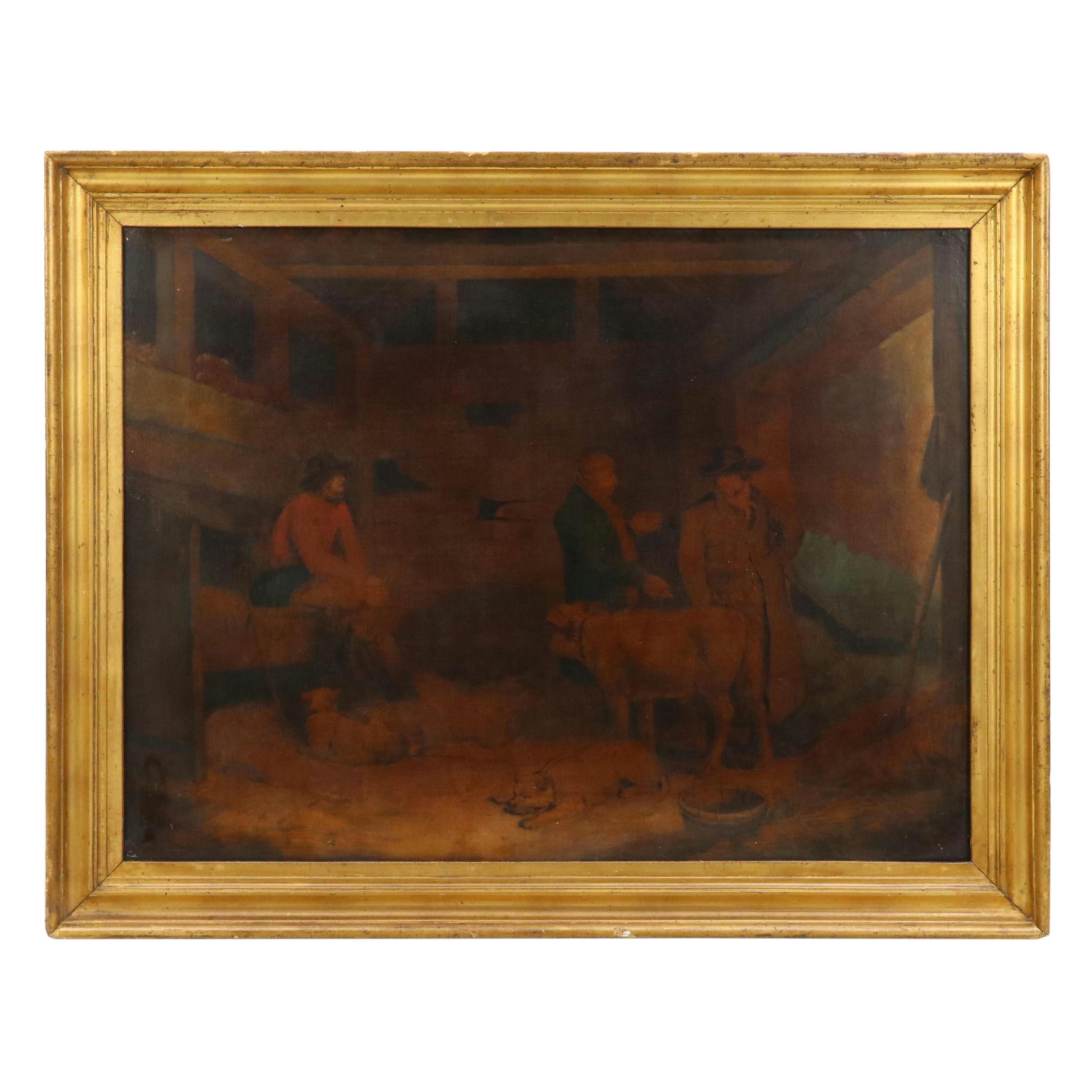 In the Manner of George Morland Hand-Embellished Intaglio Print of Barn Interior