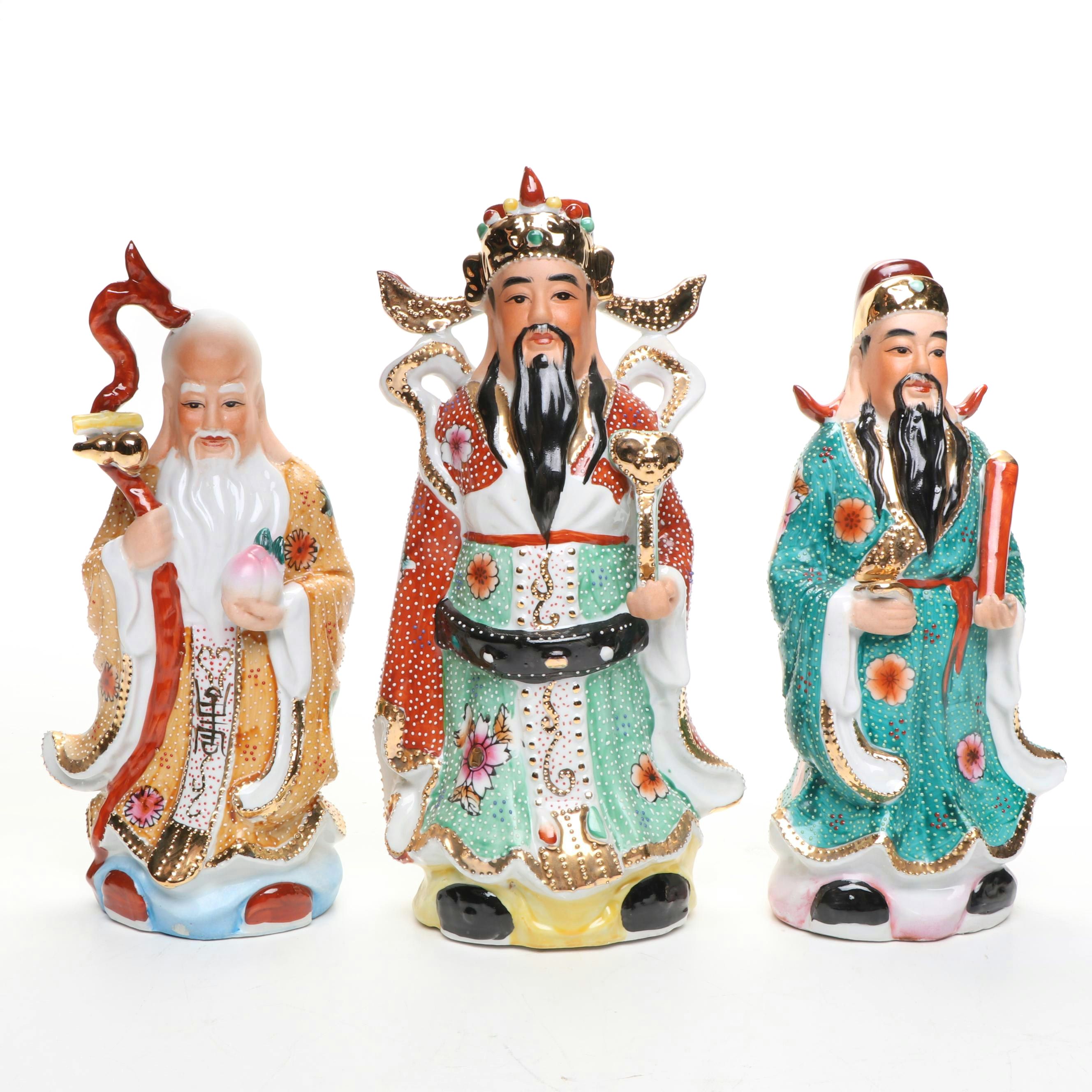 Chinese Hand-Painted Gilt Porcelain Sanxing Deities with Raised Slip Decoration