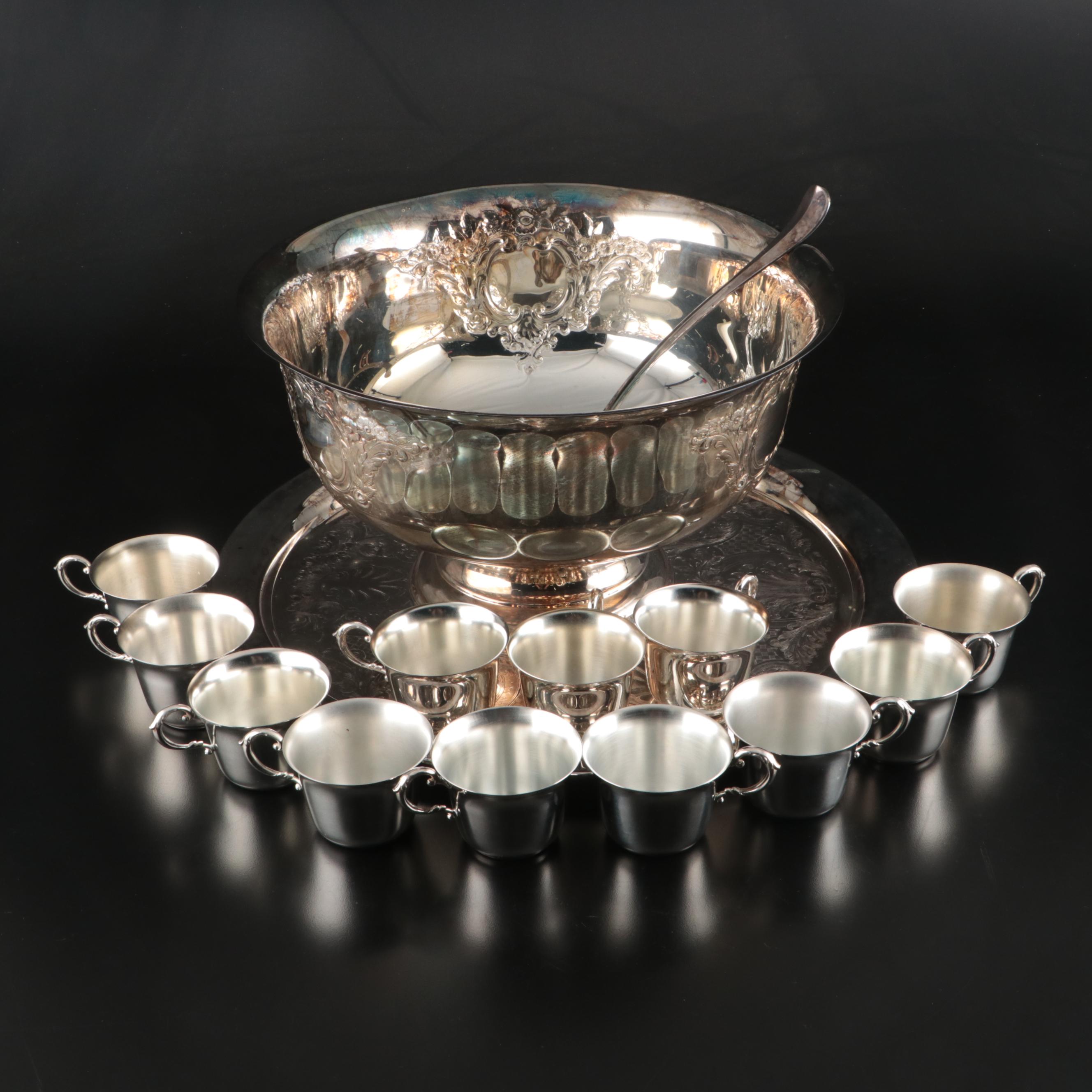 Silver Plate Punch Bowl with Cups, Ladle and Under Tray