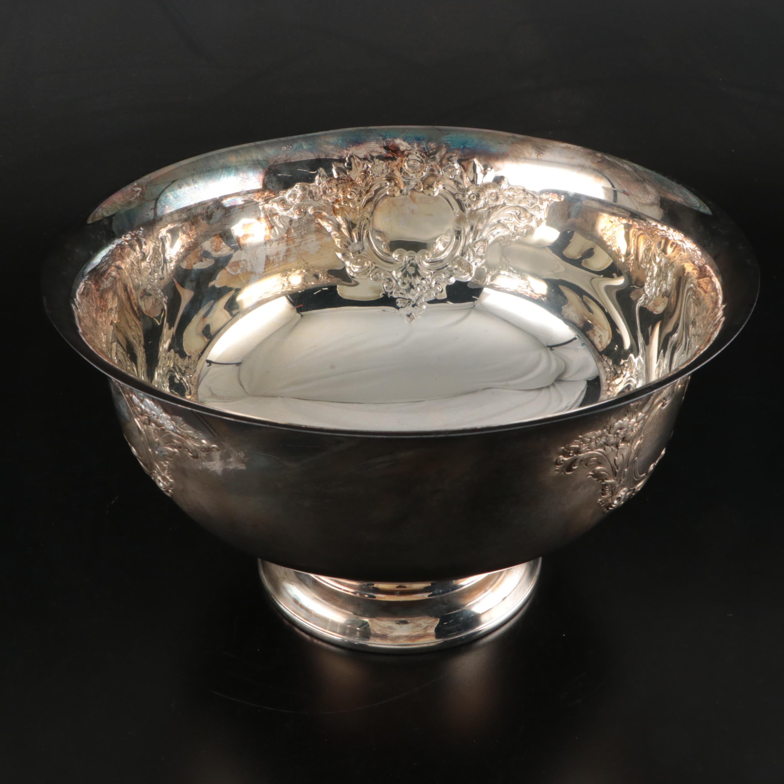 Silver Plate Punch Bowl with Cups, Ladle and Under Tray