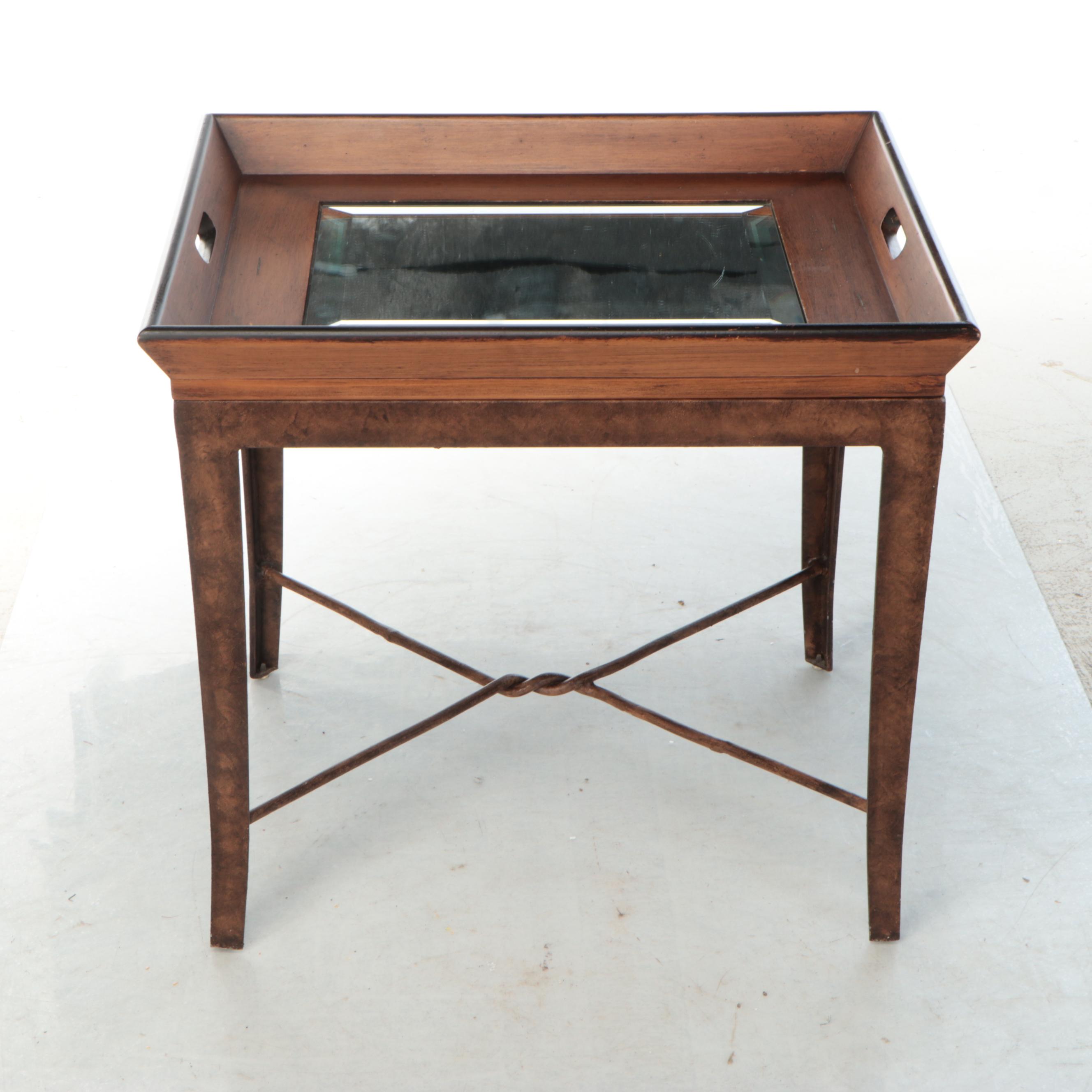 Glass Top Wood Tray Style End Table