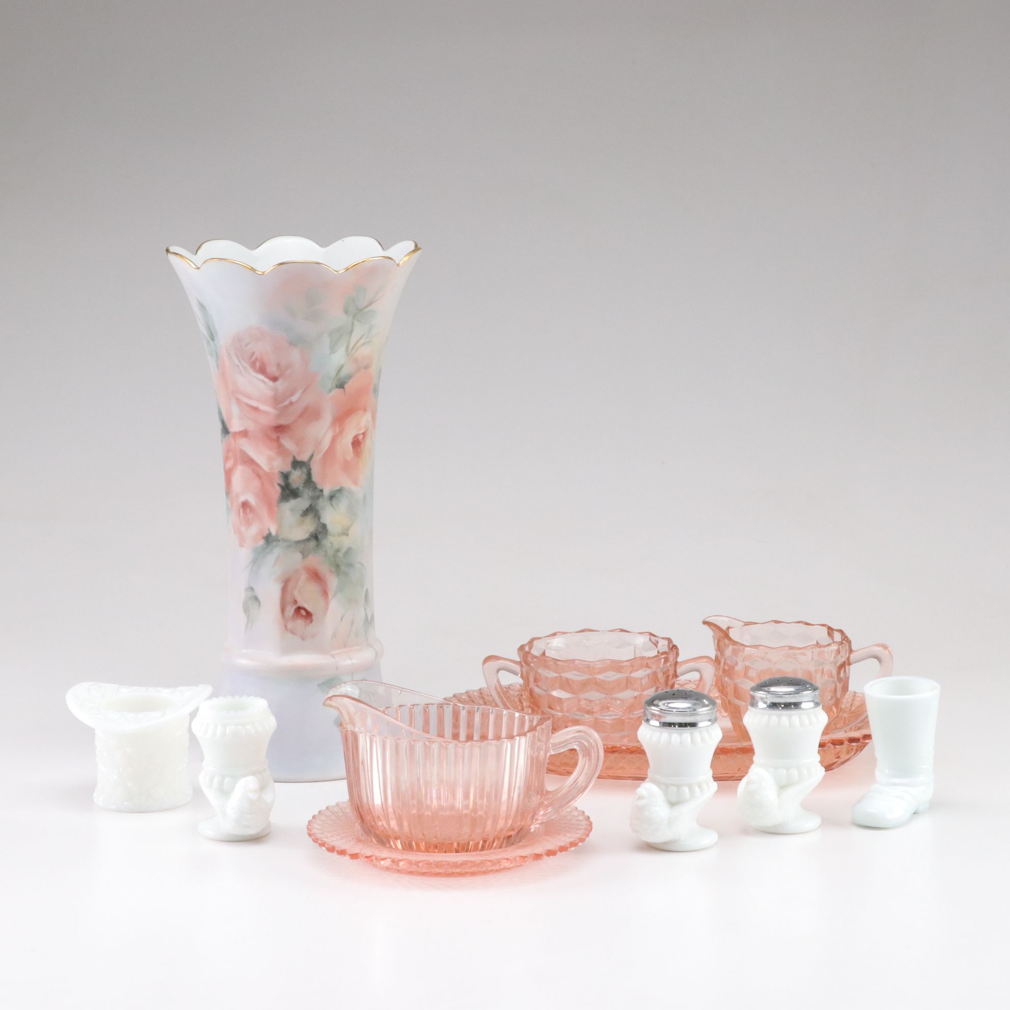 Anchor Hocking Pink Depression Glass, Bareuther Porcelain Vase and Milk Glass