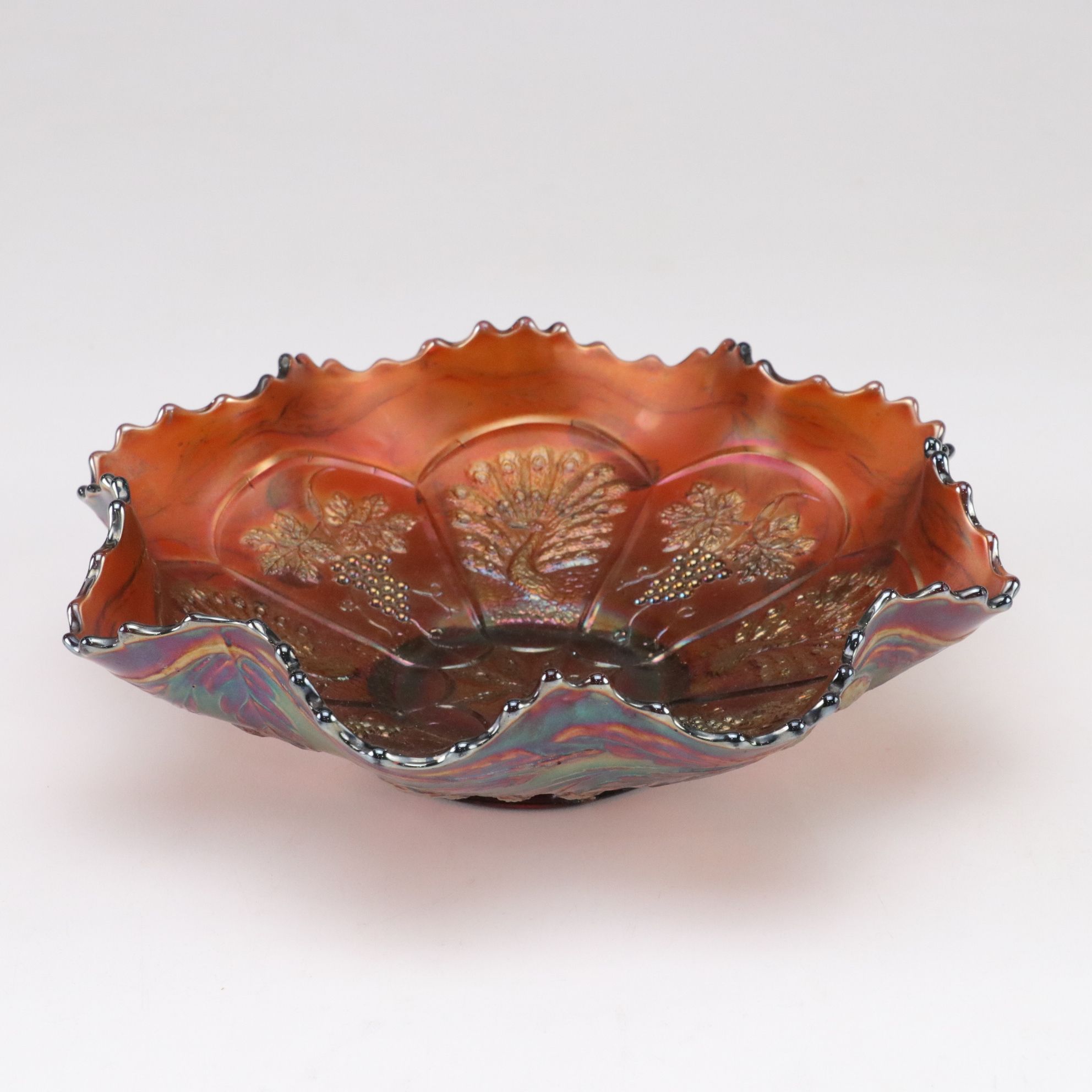 Fenton Iridescent "Peacock and Grapes" Carnival Glass Serving Bowl