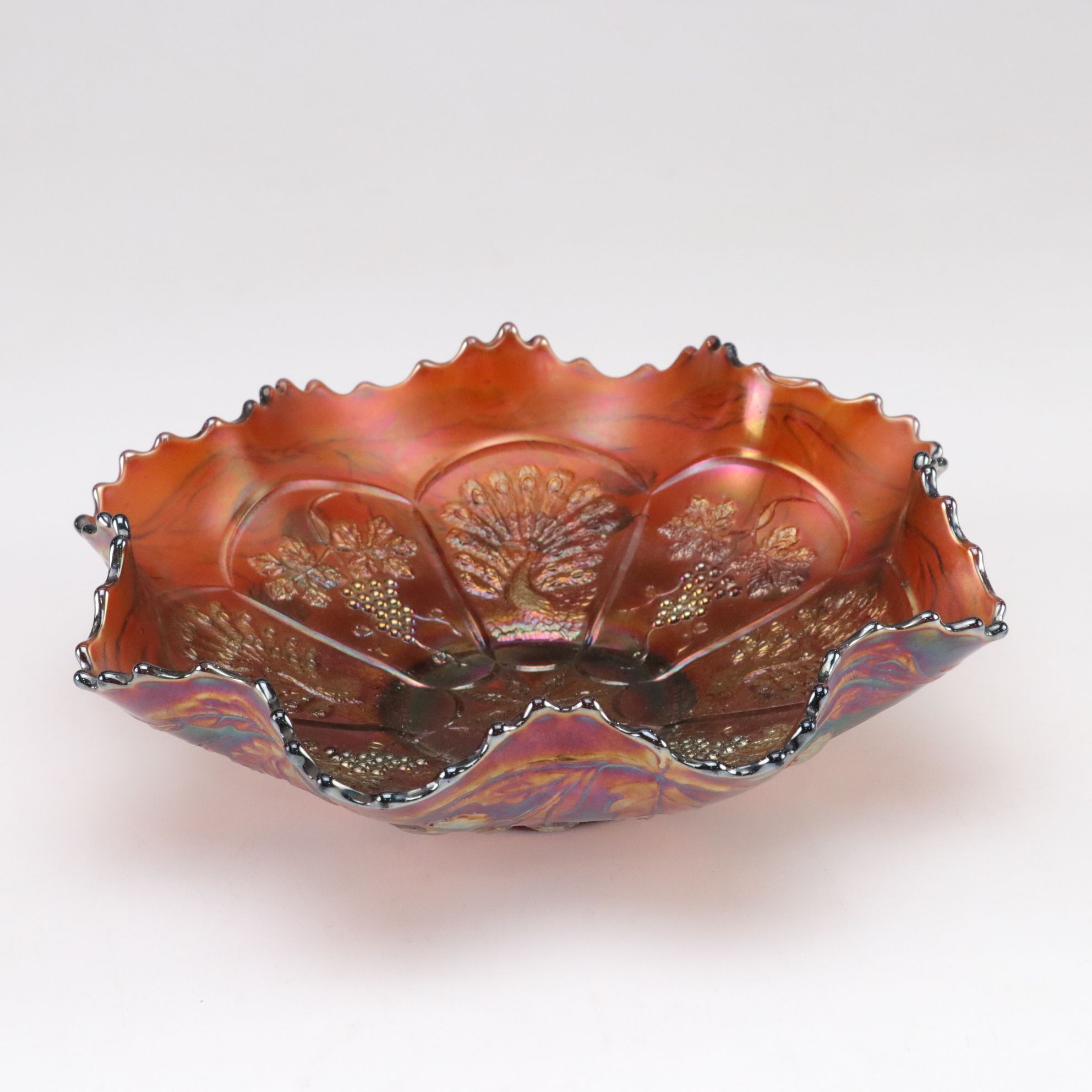 Fenton Iridescent "Peacock and Grapes" Carnival Glass Serving Bowl