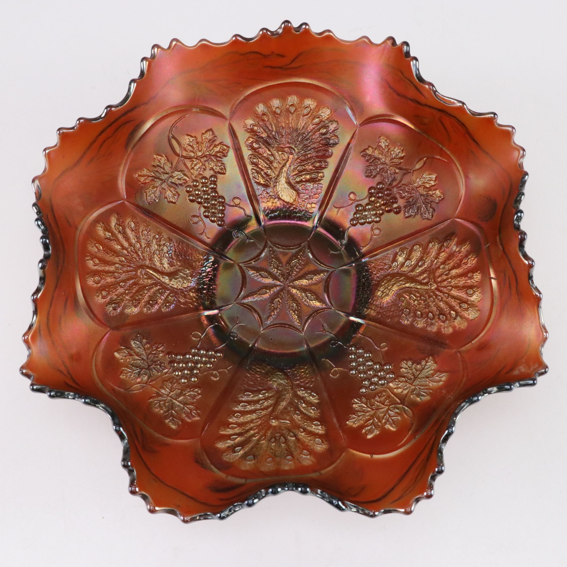 Fenton Iridescent "Peacock and Grapes" Carnival Glass Serving Bowl