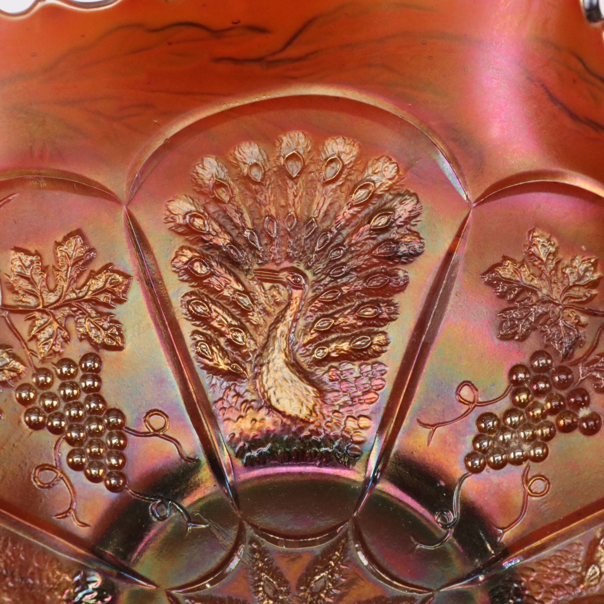 Fenton Iridescent "Peacock and Grapes" Carnival Glass Serving Bowl