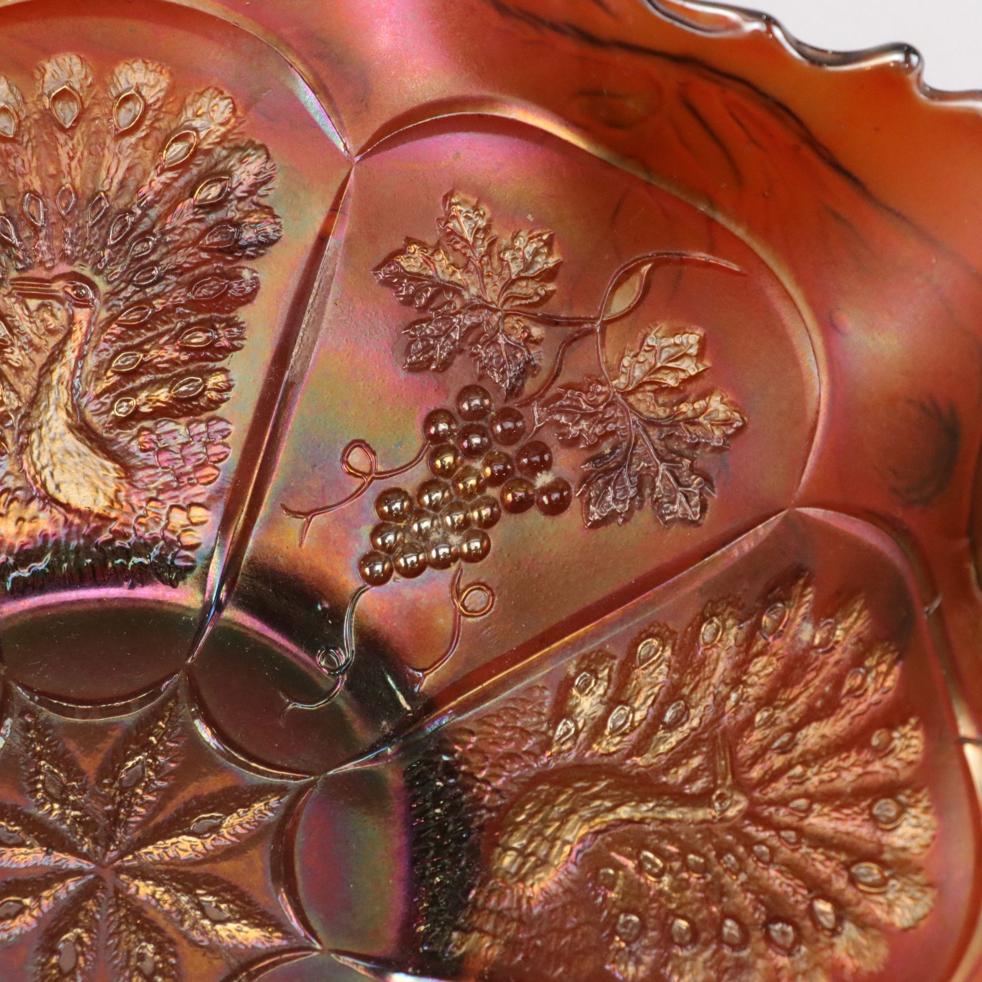 Fenton Iridescent "Peacock and Grapes" Carnival Glass Serving Bowl