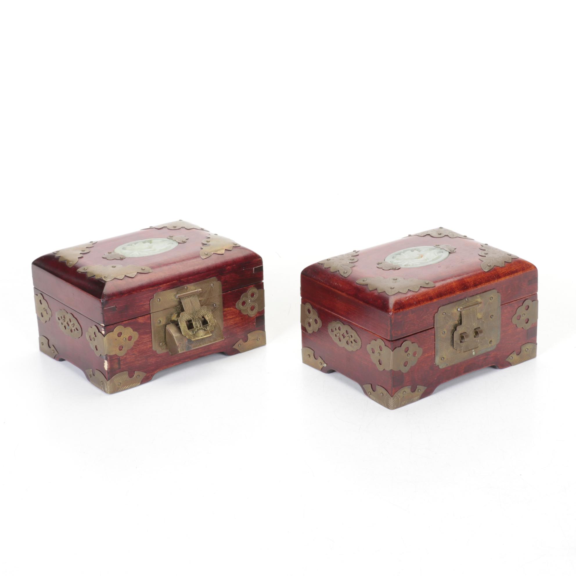 Chinese Serpentine Inlay Brass Mounted Wooden Boxes