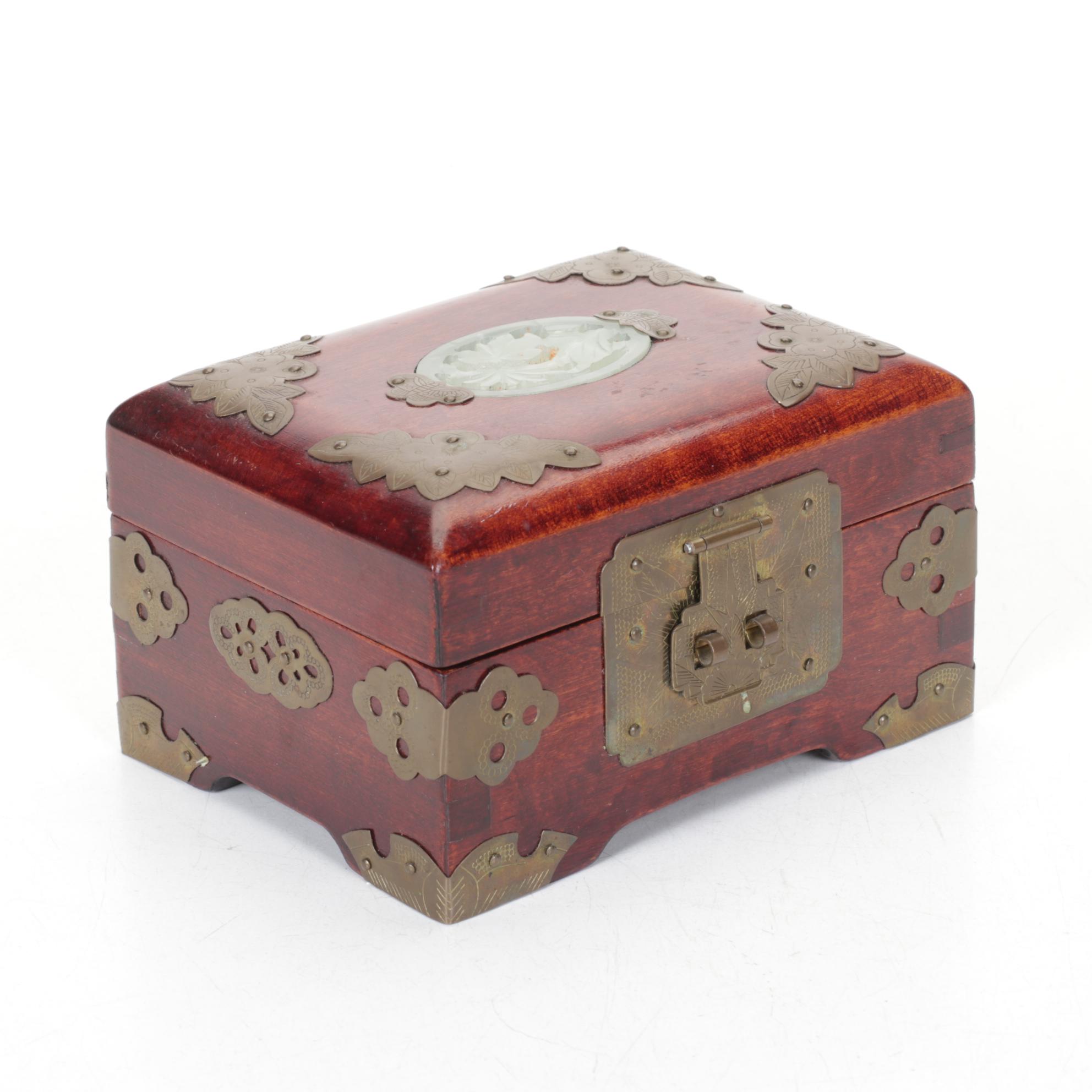 Chinese Serpentine Inlay Brass Mounted Wooden Boxes